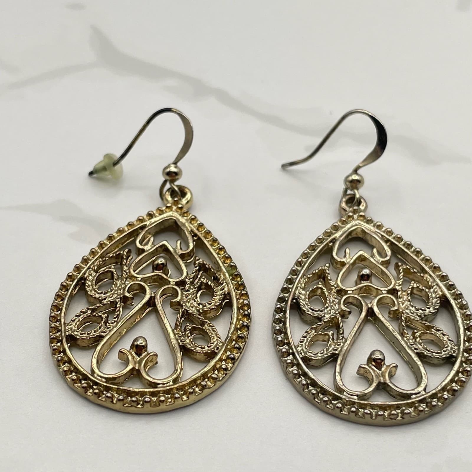 Vintage Silver Tone Filigree Teardrop Dangle Earrings Mixed Metal Boho Jewelry - Thumbnail 4