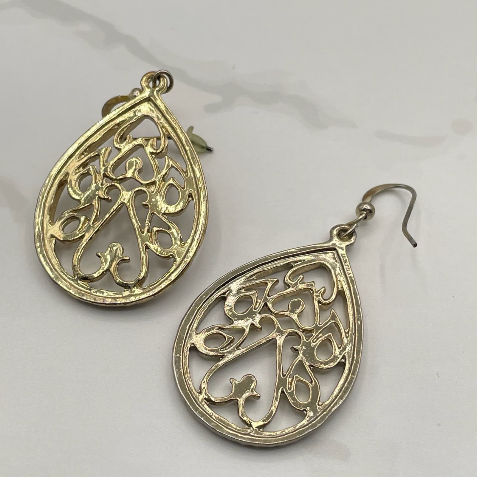 Vintage Silver Tone Filigree Teardrop Dangle Earrings Mixed Metal Boho Jewelry - Thumbnail 12
