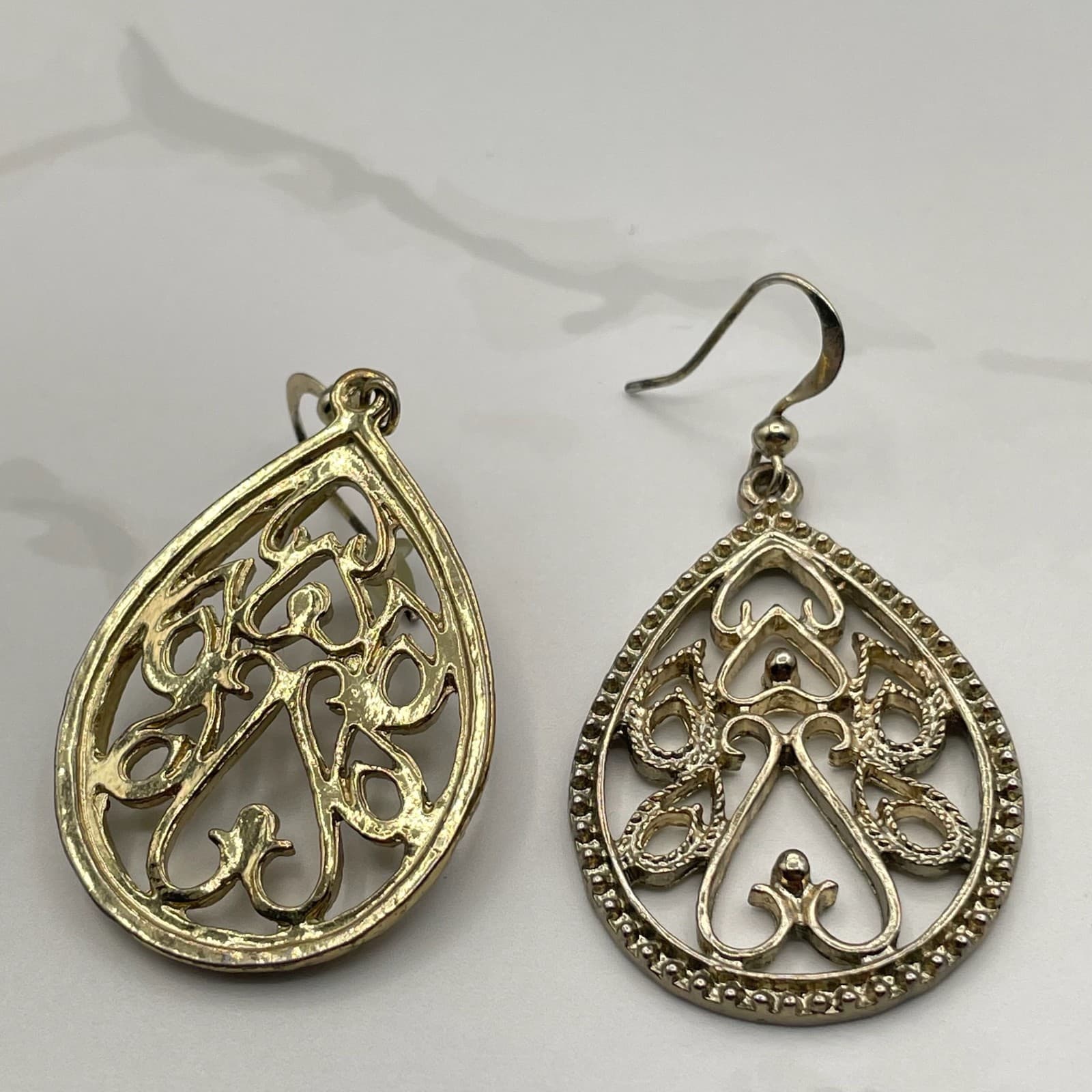 Vintage Silver Tone Filigree Teardrop Dangle Earrings Mixed Metal Boho Jewelry - Thumbnail 10