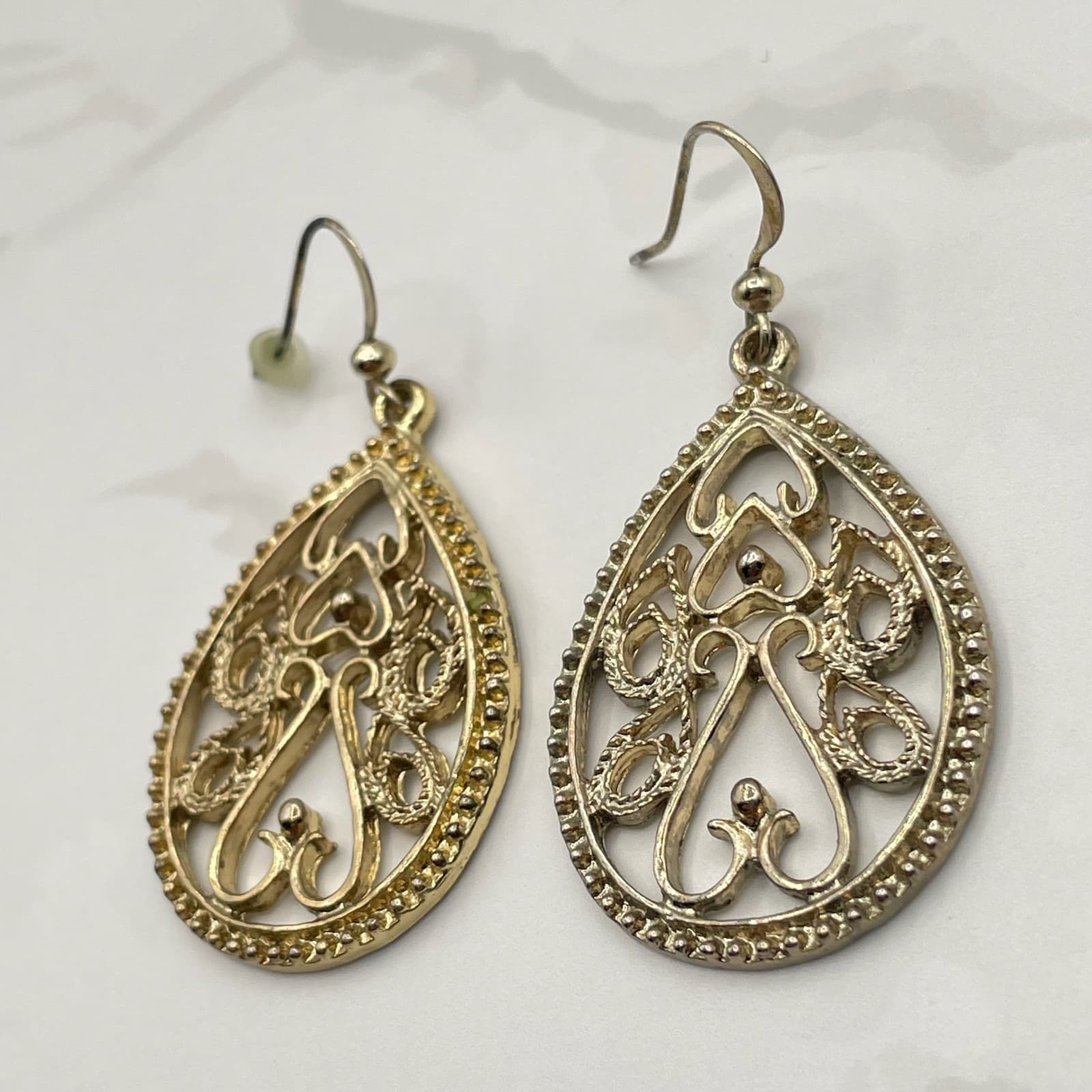 Vintage Silver Tone Filigree Teardrop Dangle Earrings Mixed Metal Boho Jewelry - Thumbnail 6