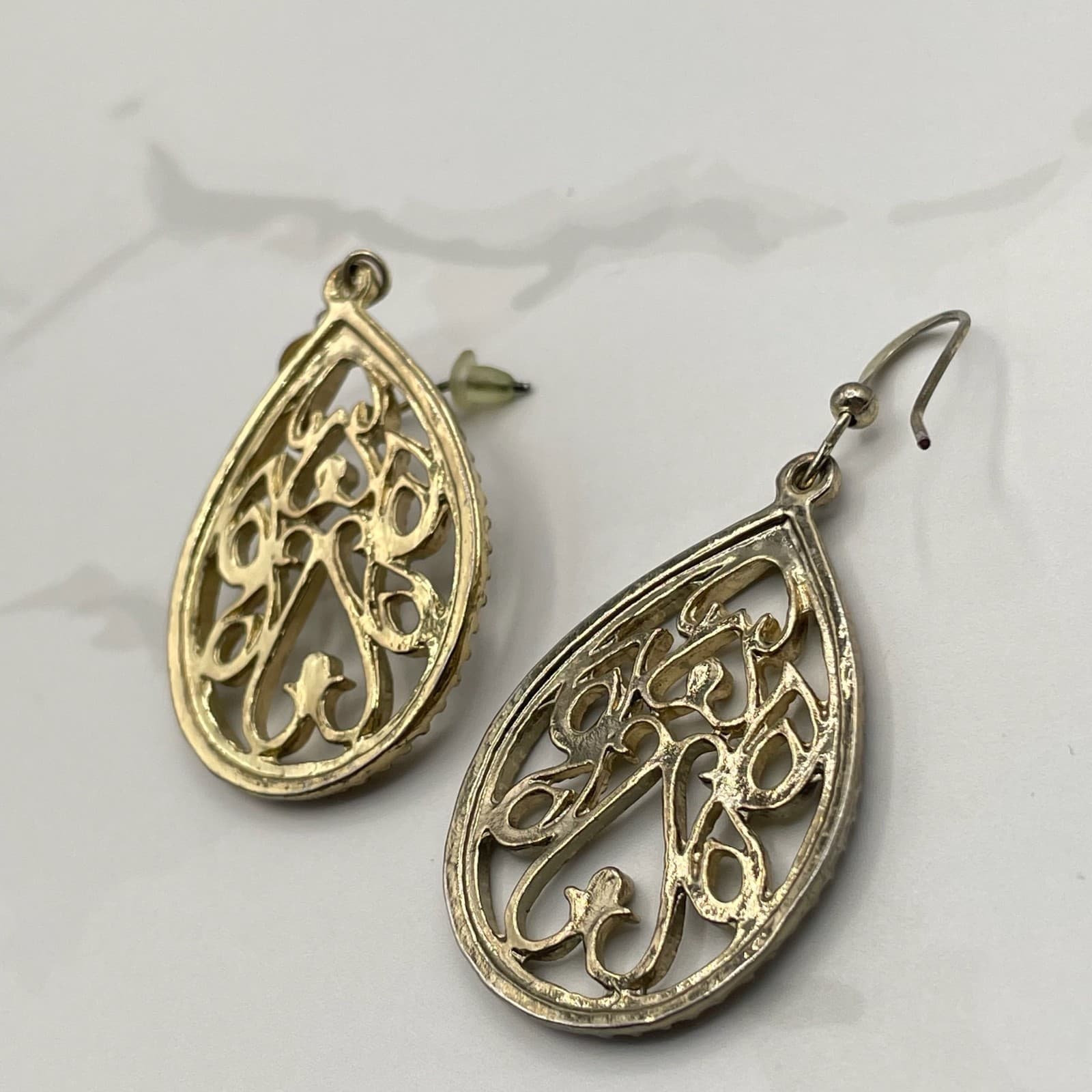 Vintage Silver Tone Filigree Teardrop Dangle Earrings Mixed Metal Boho Jewelry - Thumbnail 13