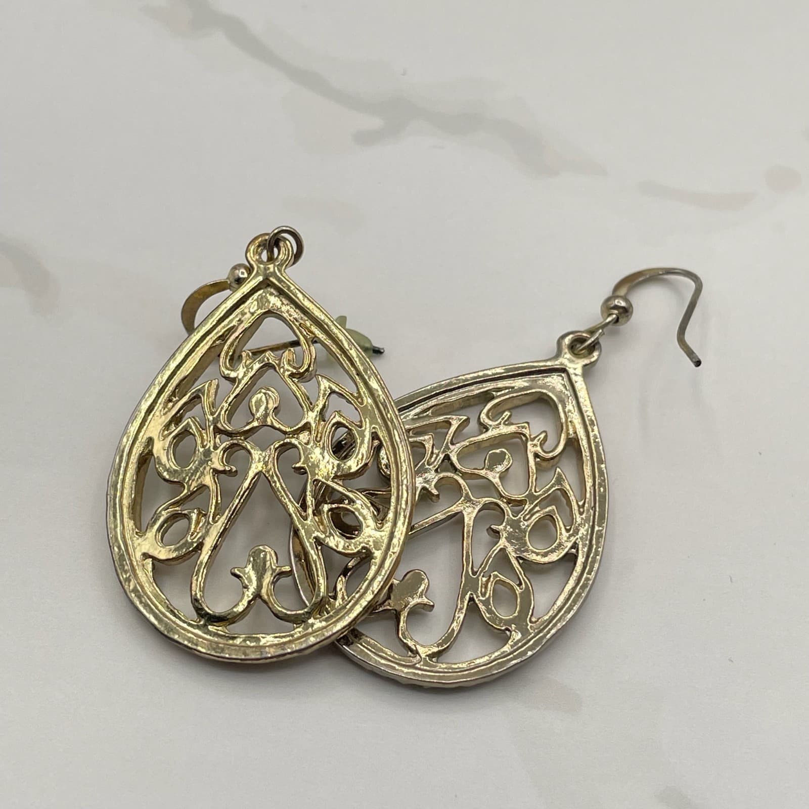 Vintage Silver Tone Filigree Teardrop Dangle Earrings Mixed Metal Boho Jewelry - Thumbnail 11