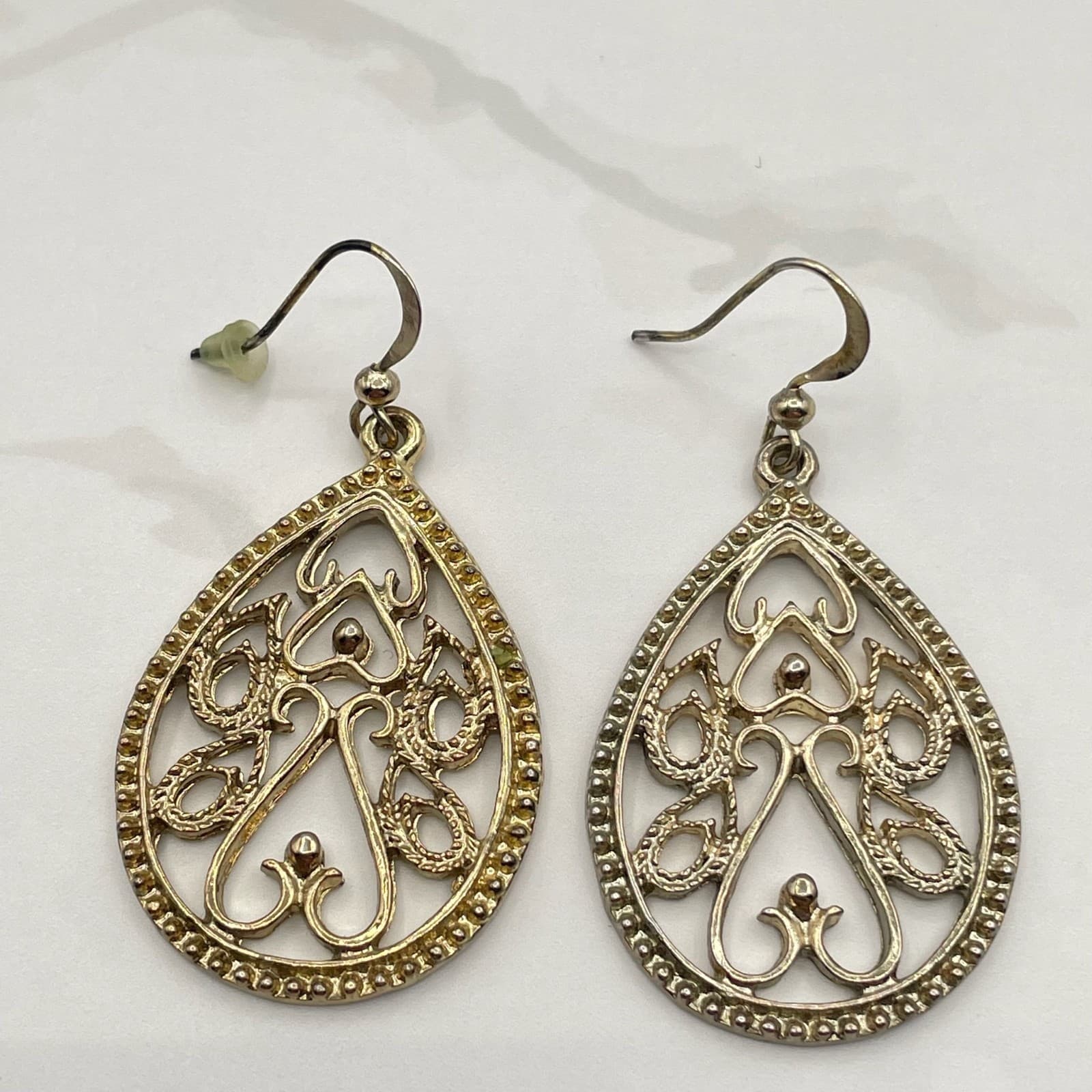 Vintage Silver Tone Filigree Teardrop Dangle Earrings Mixed Metal Boho Jewelry - Thumbnail 5