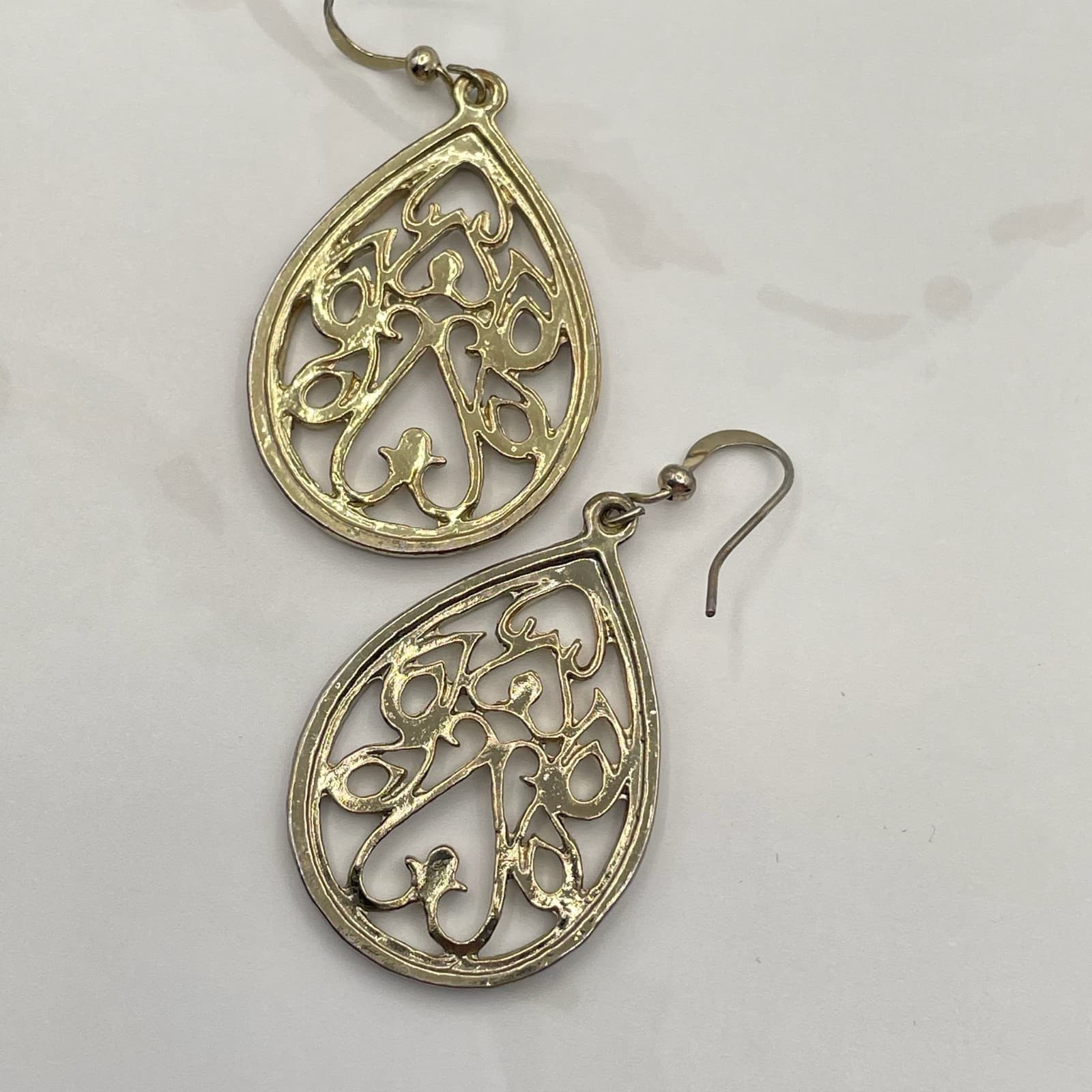 Vintage Silver Tone Filigree Teardrop Dangle Earrings Mixed Metal Boho Jewelry - Thumbnail 14