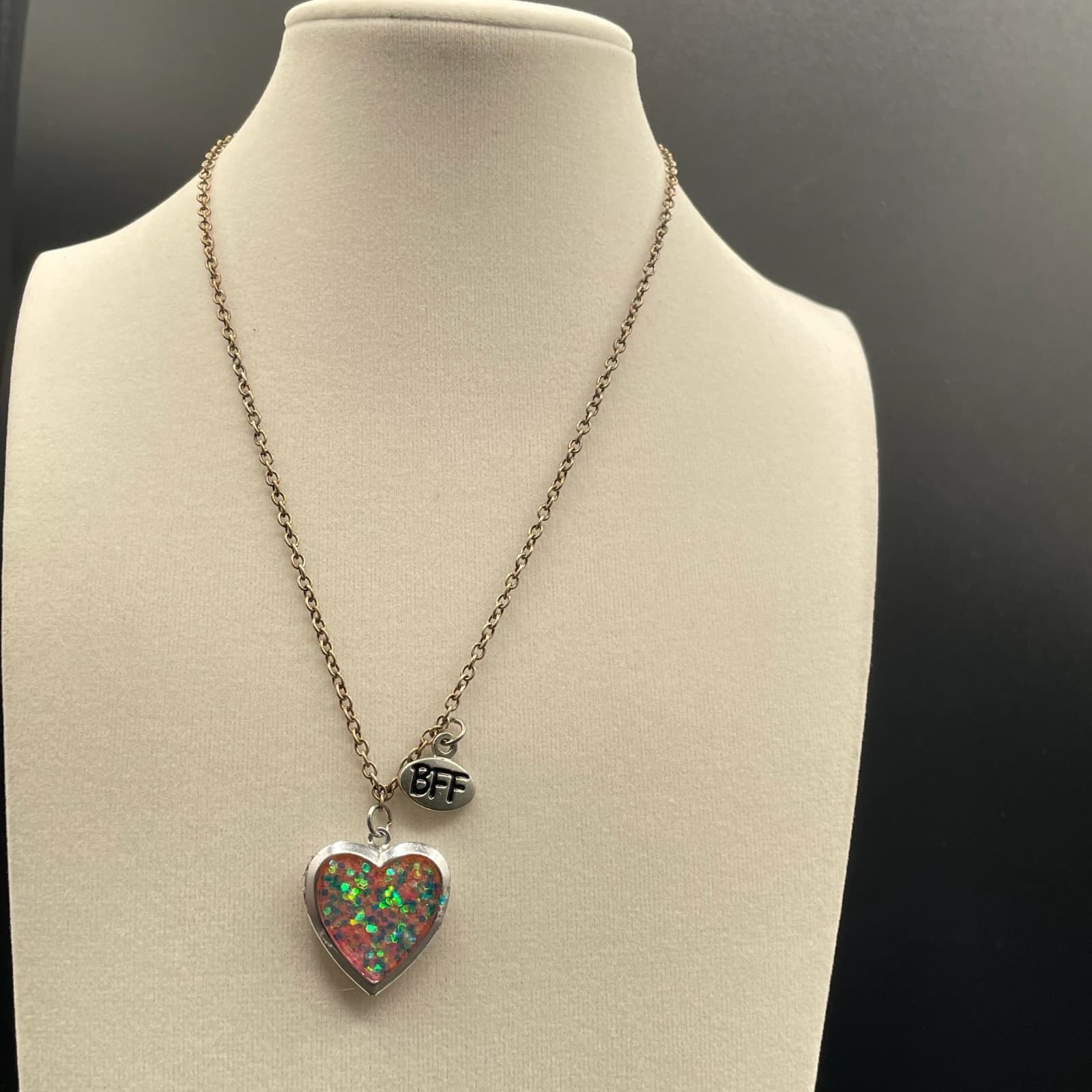 Vintage BFF Gold-Tone Lobster Crayon Glitter Heart Pendant Opening Locket - Thumbnail 7