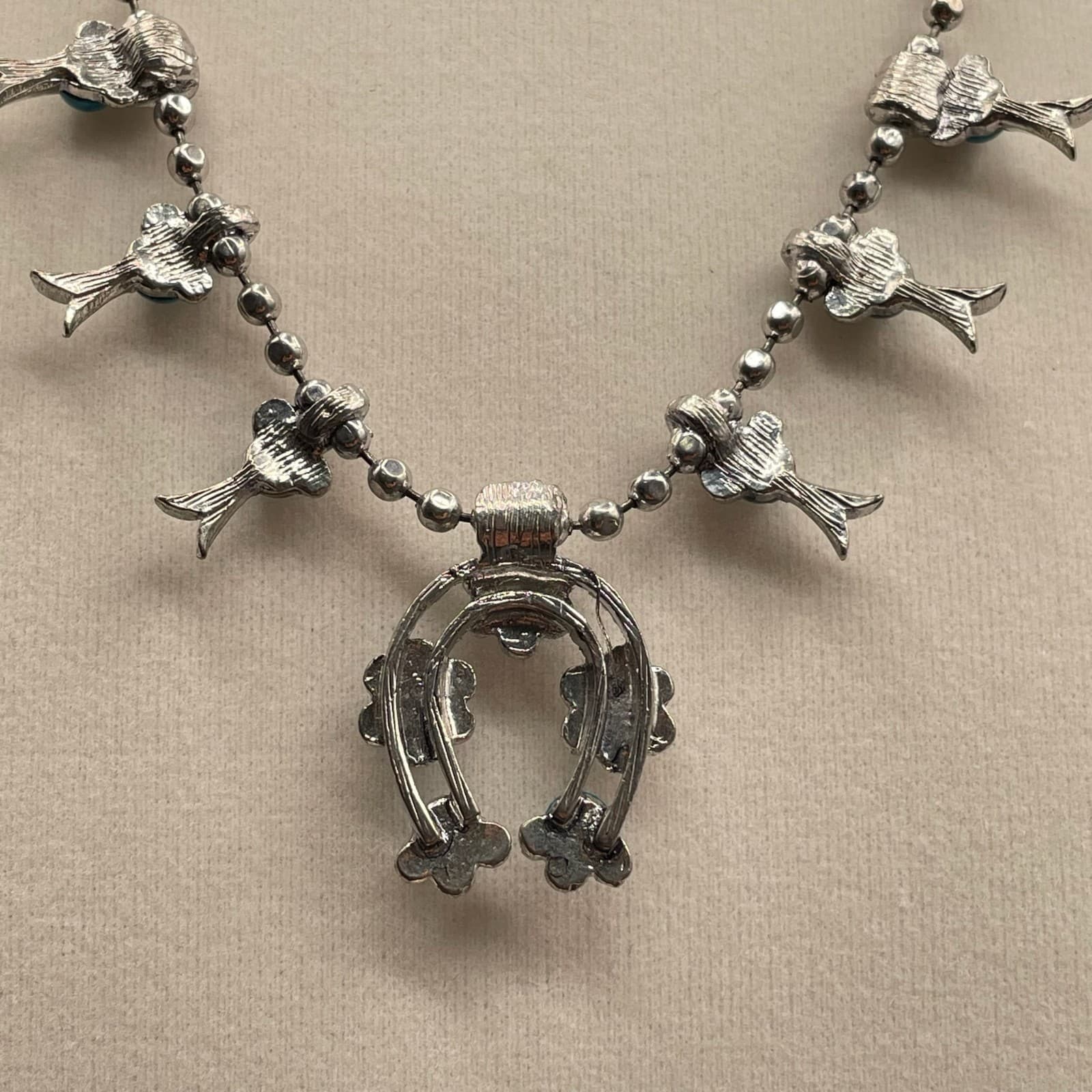 Vintage VTG Silver-Tone Lobster Turquoise Beaded Squash Blossom Naja Pendant - Thumbnail 5