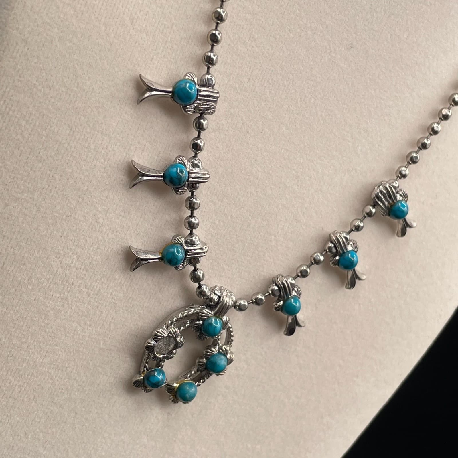 Vintage VTG Silver-Tone Lobster Turquoise Beaded Squash Blossom Naja Pendant - Thumbnail 7