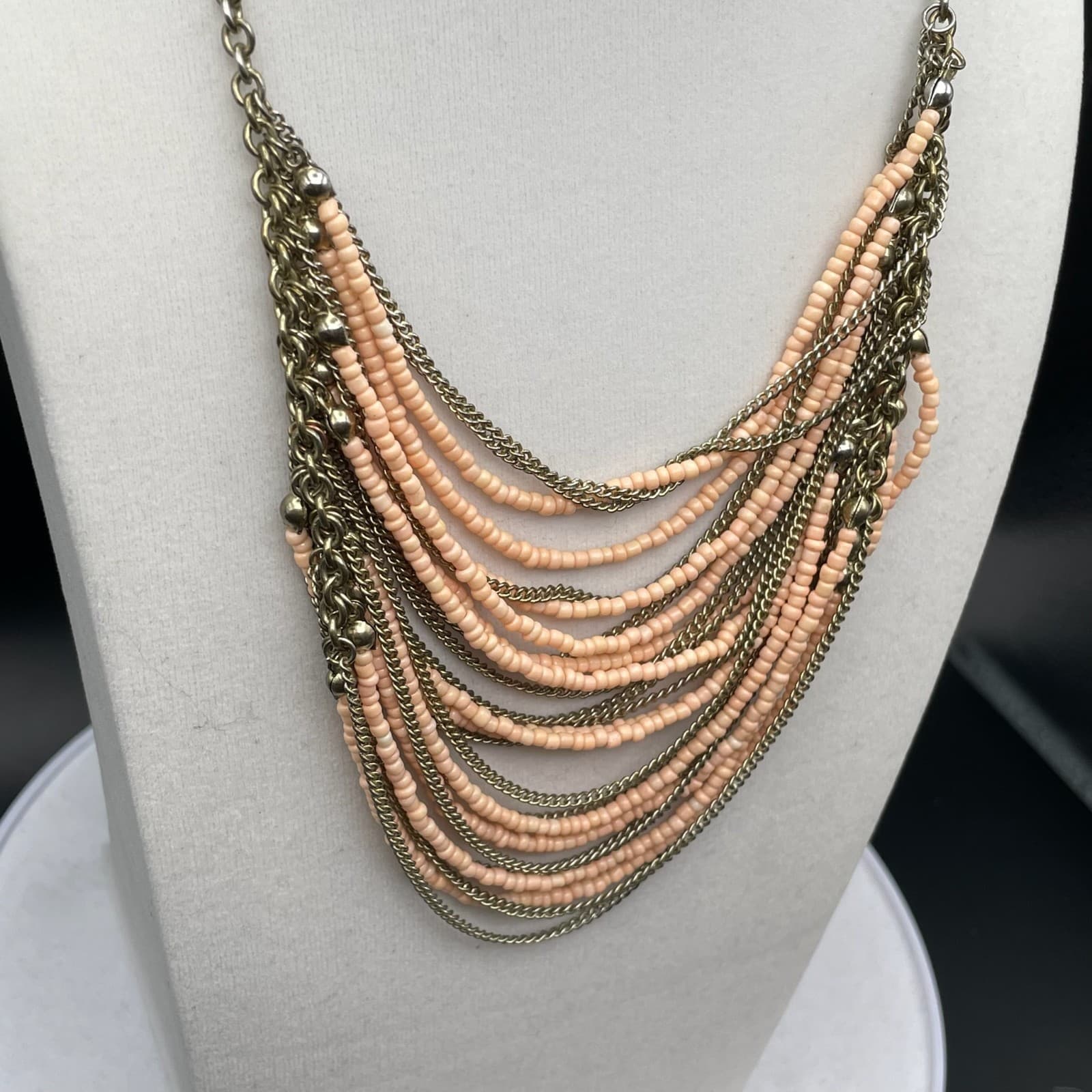 Vintage VTG Multistrand Collar Necklace Peach Seed Beads Brass Chain Aluminum - Thumbnail 3