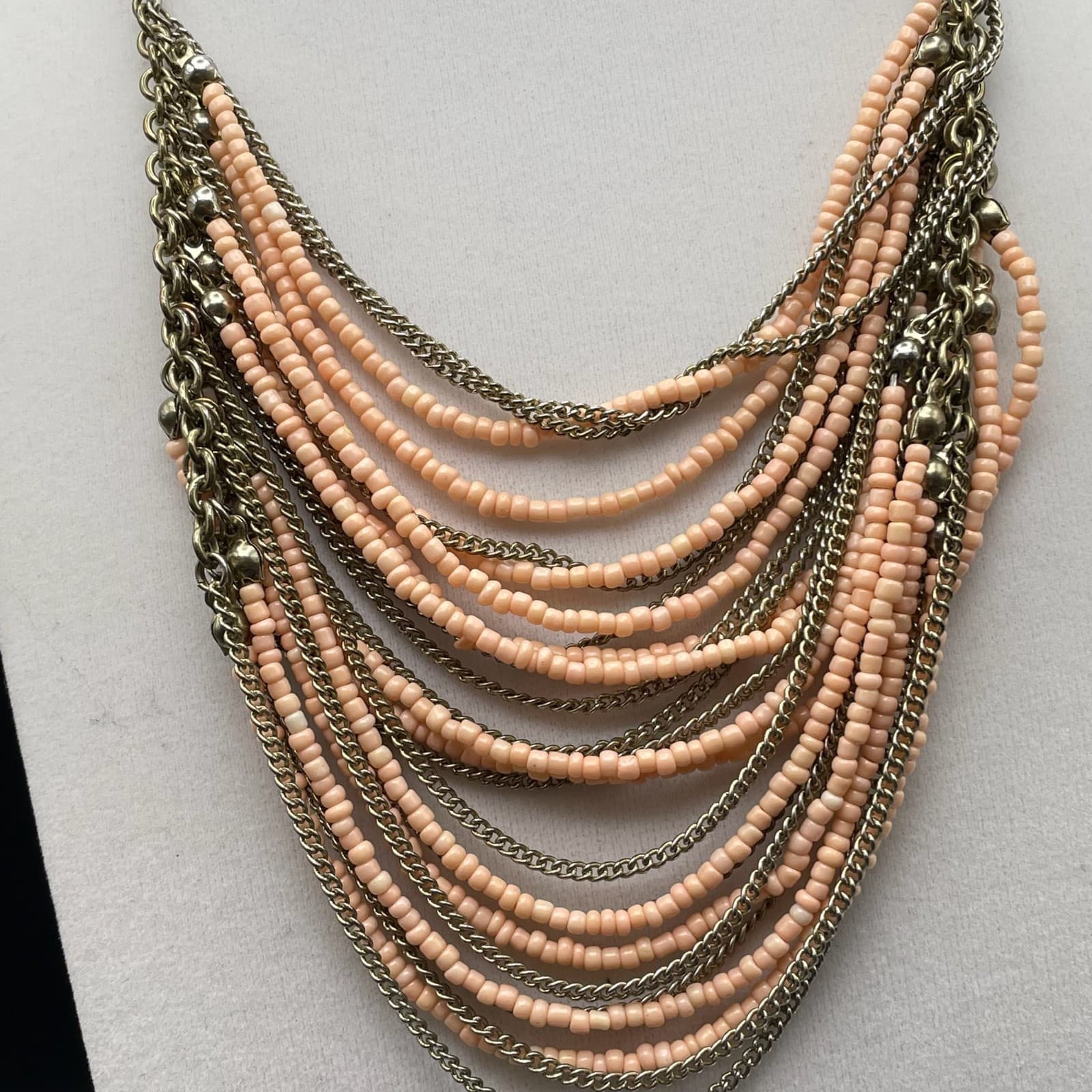 Vintage VTG Multistrand Collar Necklace Peach Seed Beads Brass Chain Aluminum - Thumbnail 4