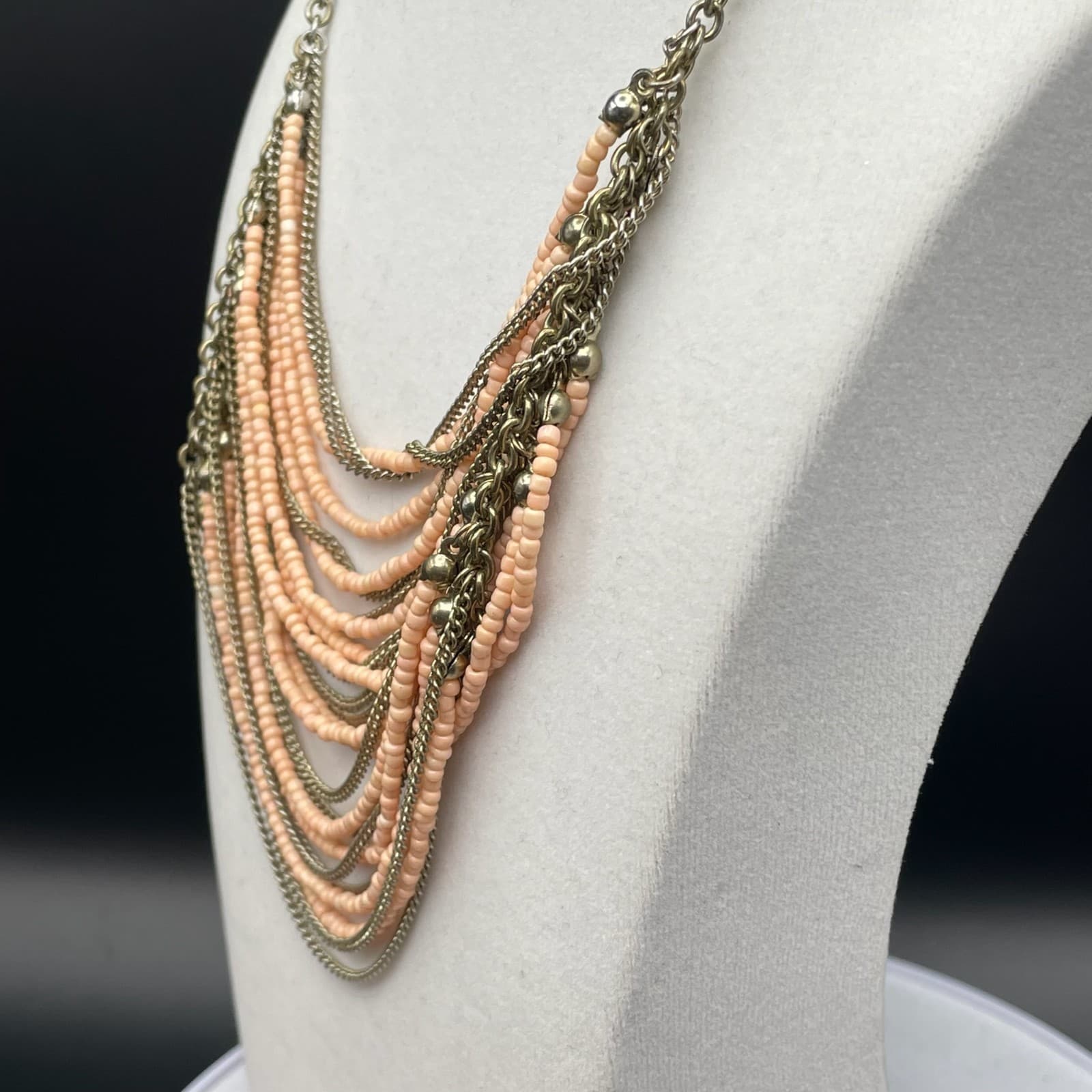 Vintage VTG Multistrand Collar Necklace Peach Seed Beads Brass Chain Aluminum - Thumbnail 8