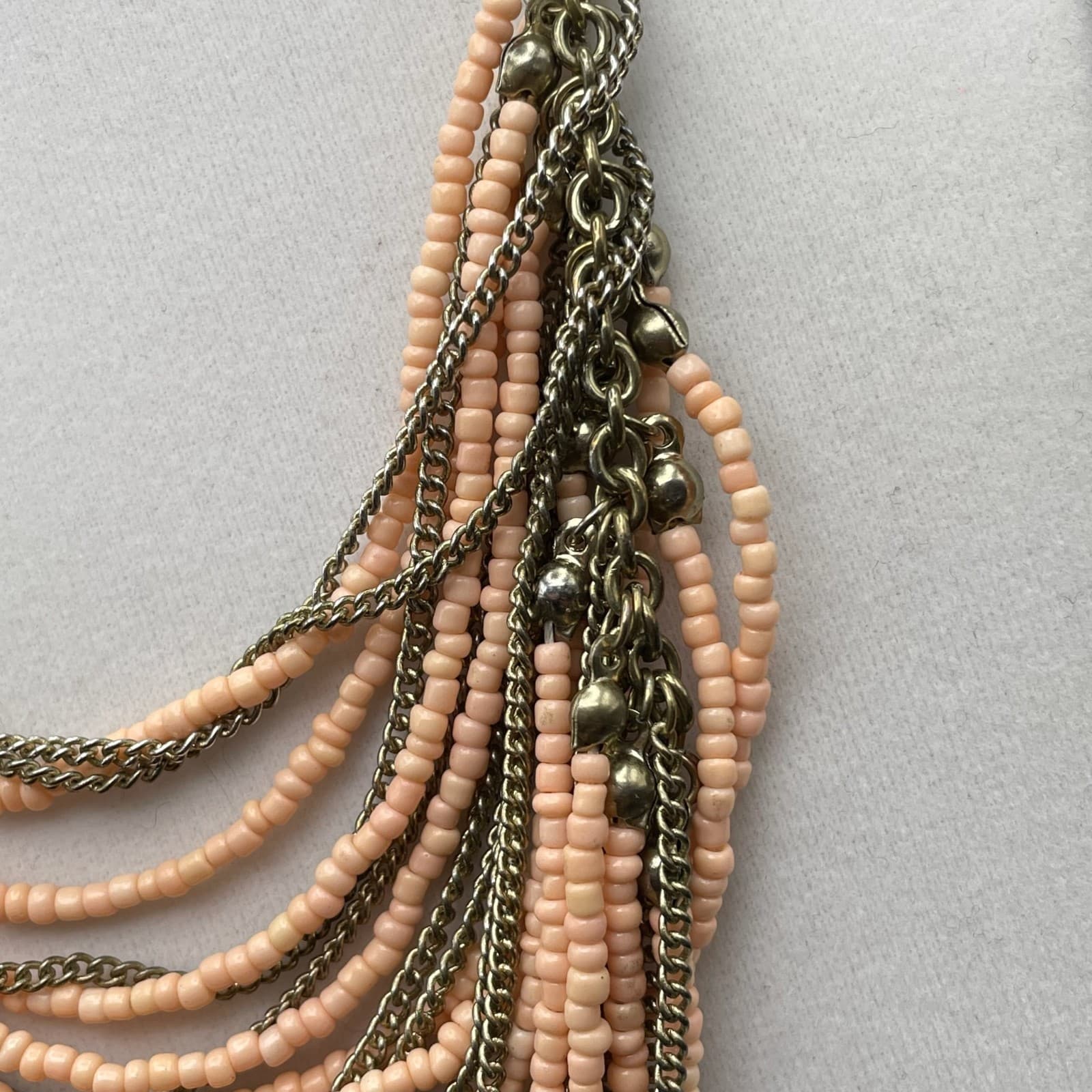 Vintage VTG Multistrand Collar Necklace Peach Seed Beads Brass Chain Aluminum - Thumbnail 6