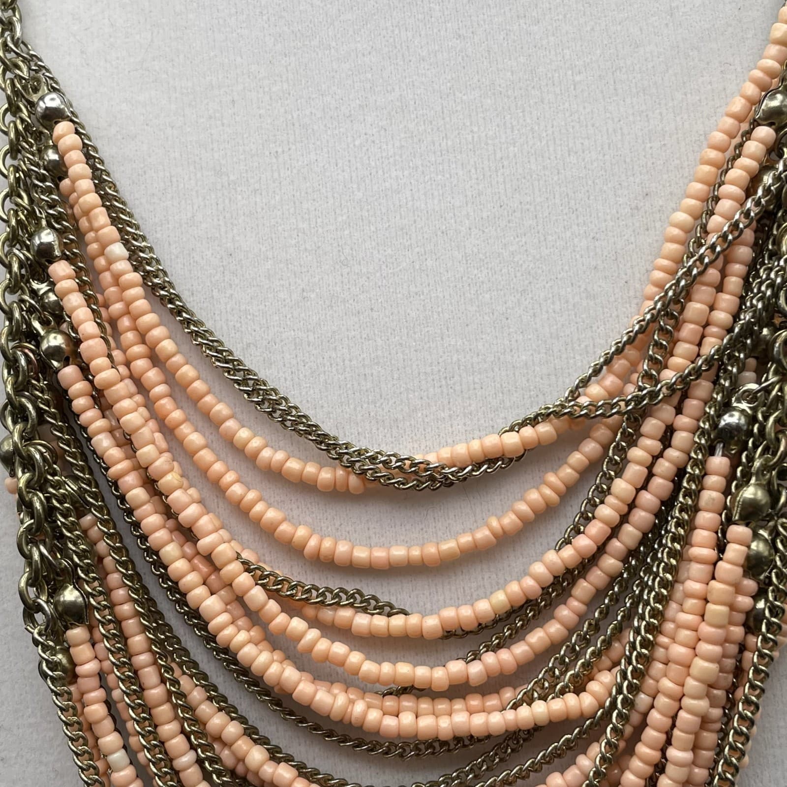 Vintage VTG Multistrand Collar Necklace Peach Seed Beads Brass Chain Aluminum - Thumbnail 7