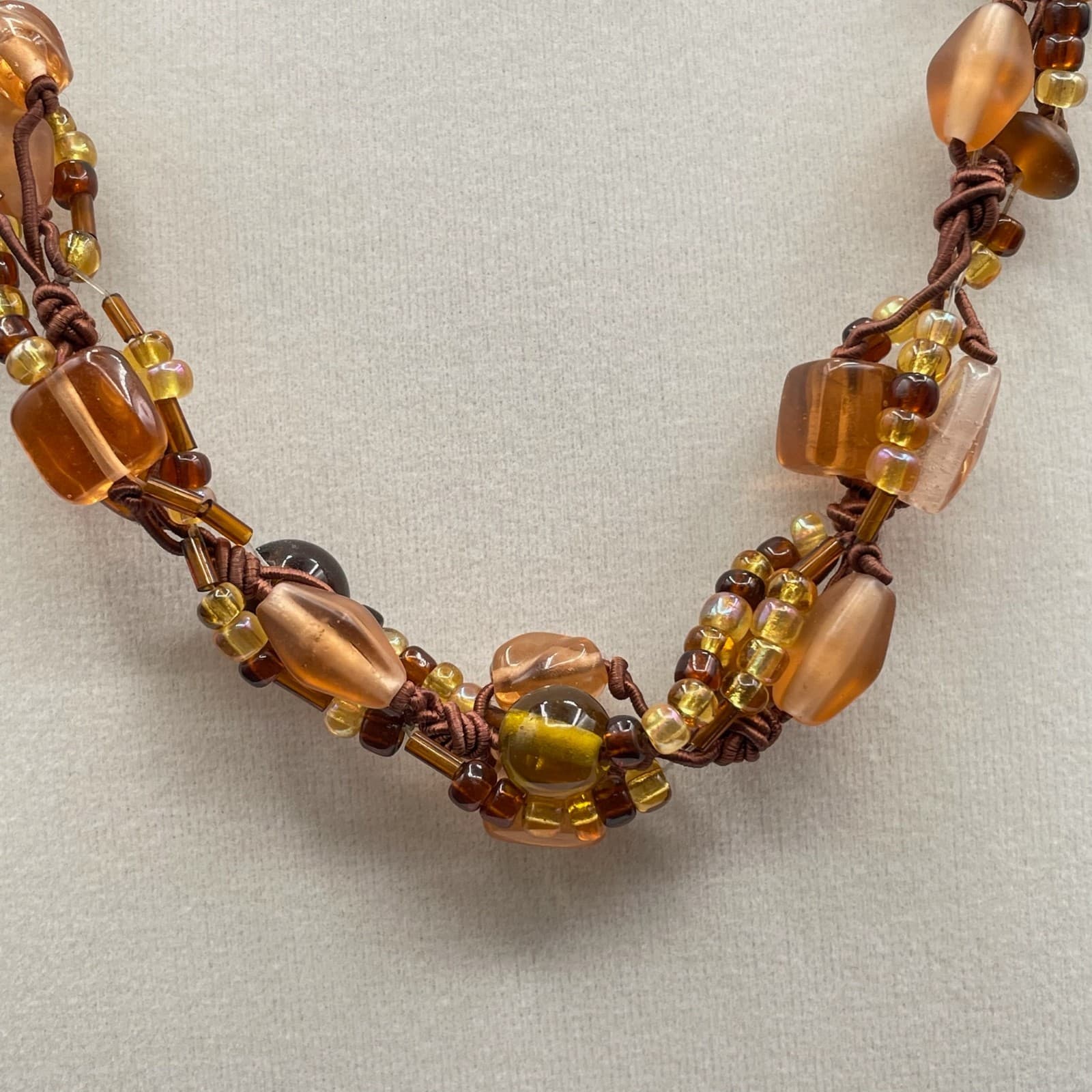 Vintage Multi-Stranded Amber Glass Handcrafted Beaded Cord Lobster Necklace - Thumbnail 3