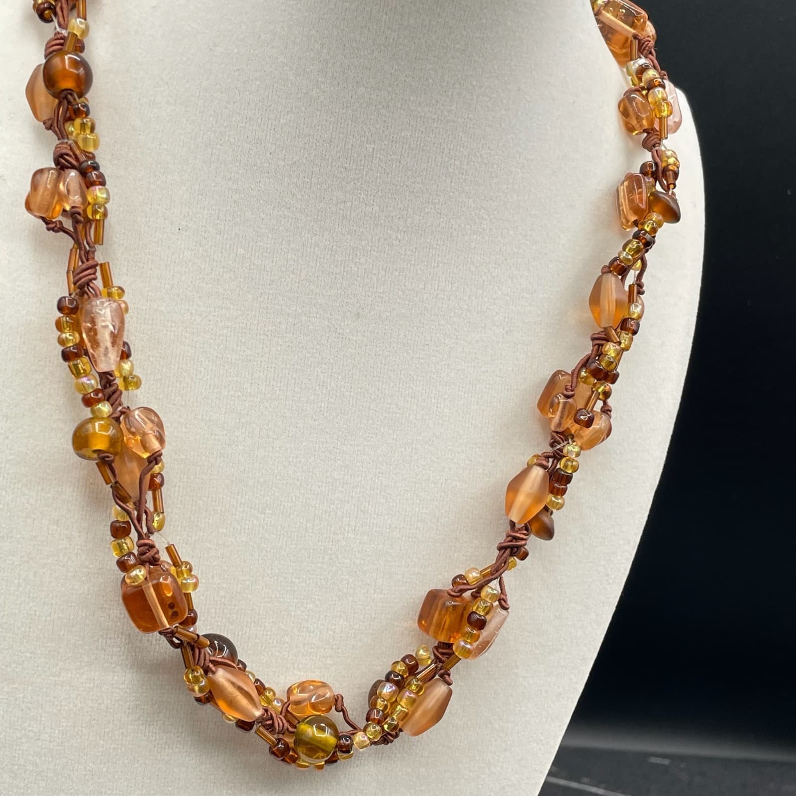 Vintage Multi-Stranded Amber Glass Handcrafted Beaded Cord Lobster Necklace - Thumbnail 2