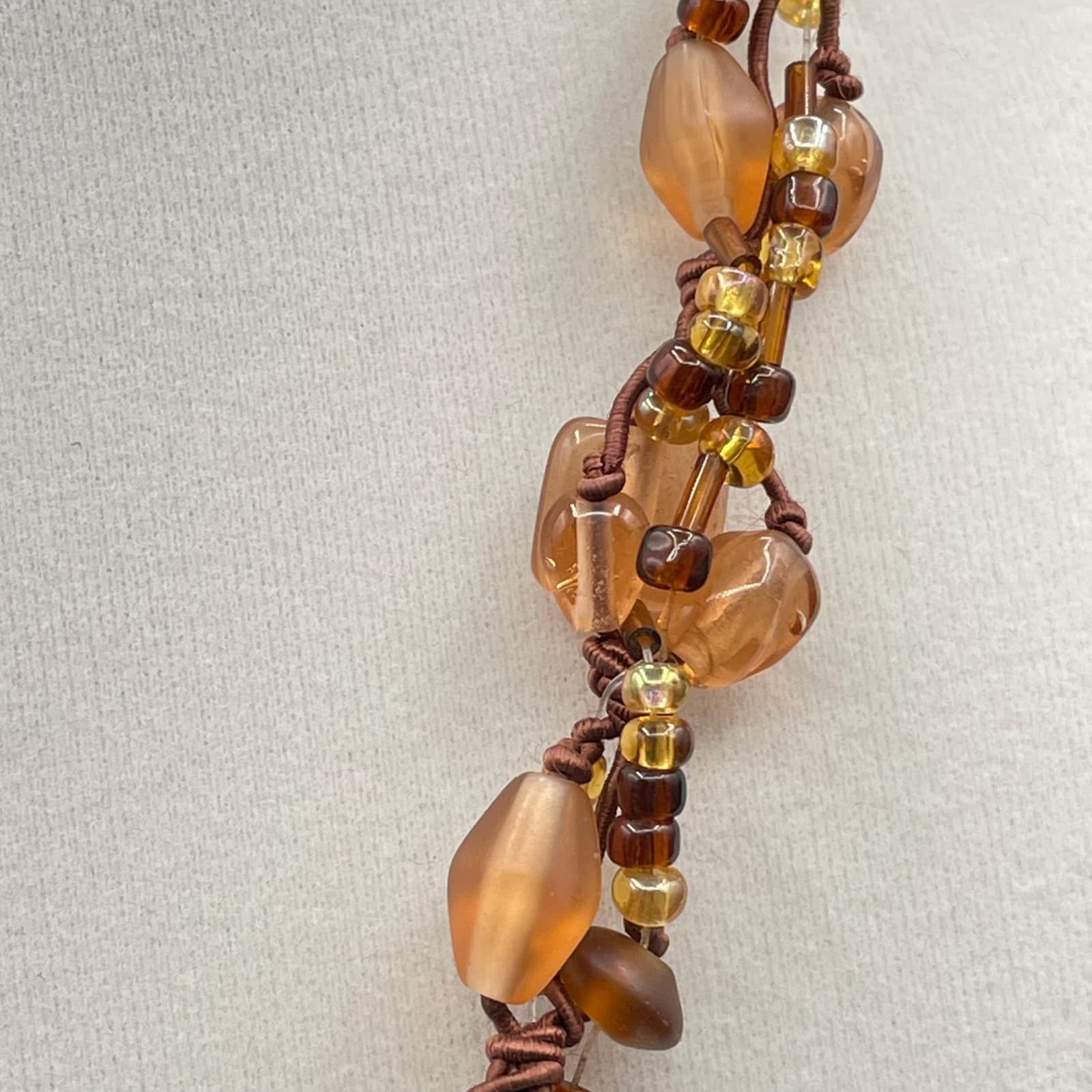 Vintage Multi-Stranded Amber Glass Handcrafted Beaded Cord Lobster Necklace - Thumbnail 4