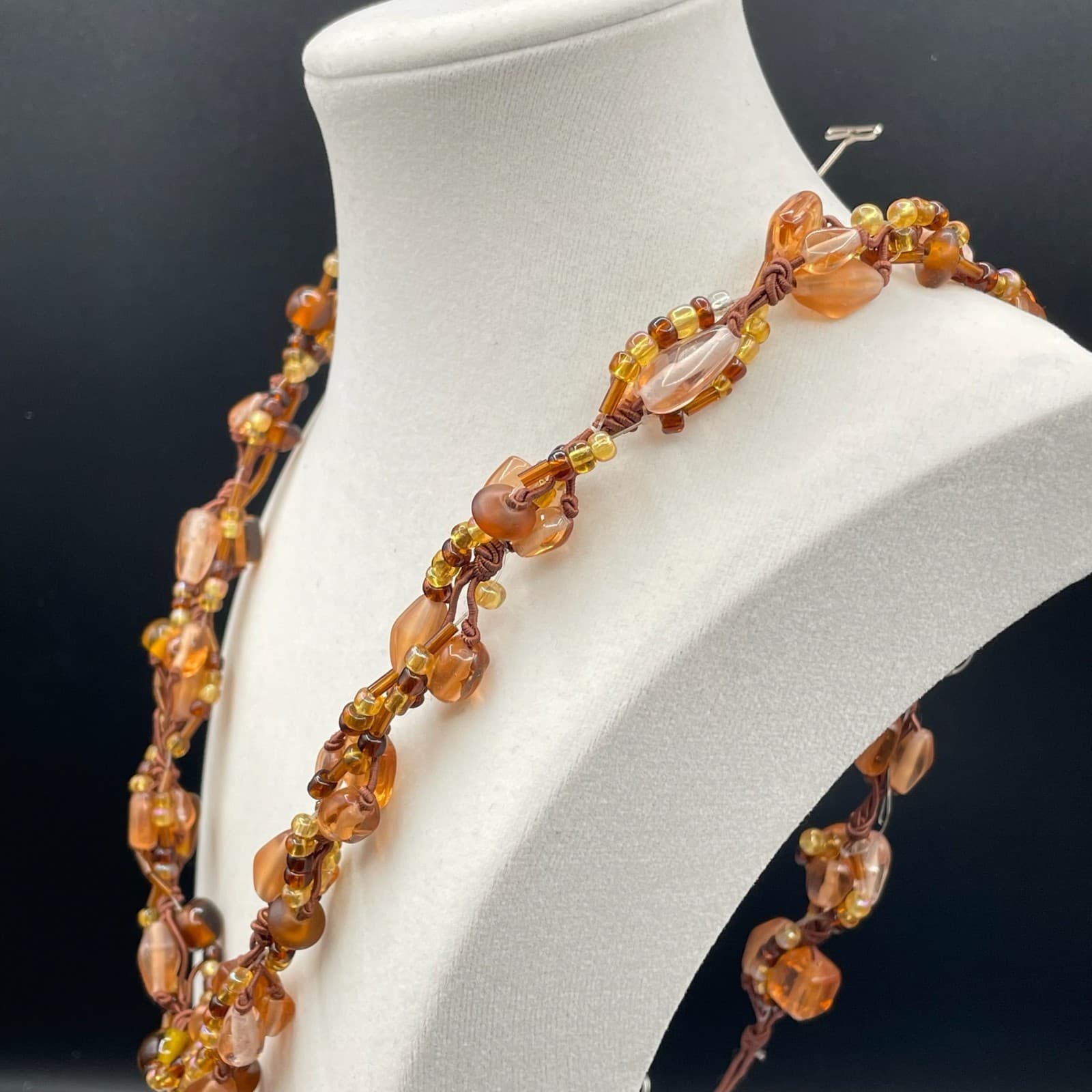 Vintage Multi-Stranded Amber Glass Handcrafted Beaded Cord Lobster Necklace - Thumbnail 6