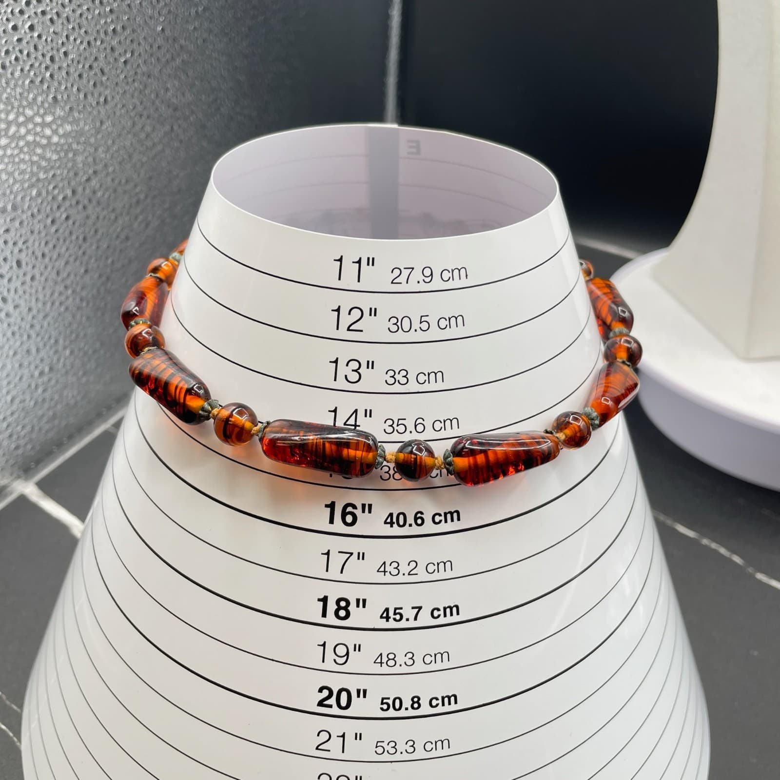 Vintage Carnelian Classic Fashion Tiger Striped Glass Beaded Celluloid Necklace - Thumbnail 2