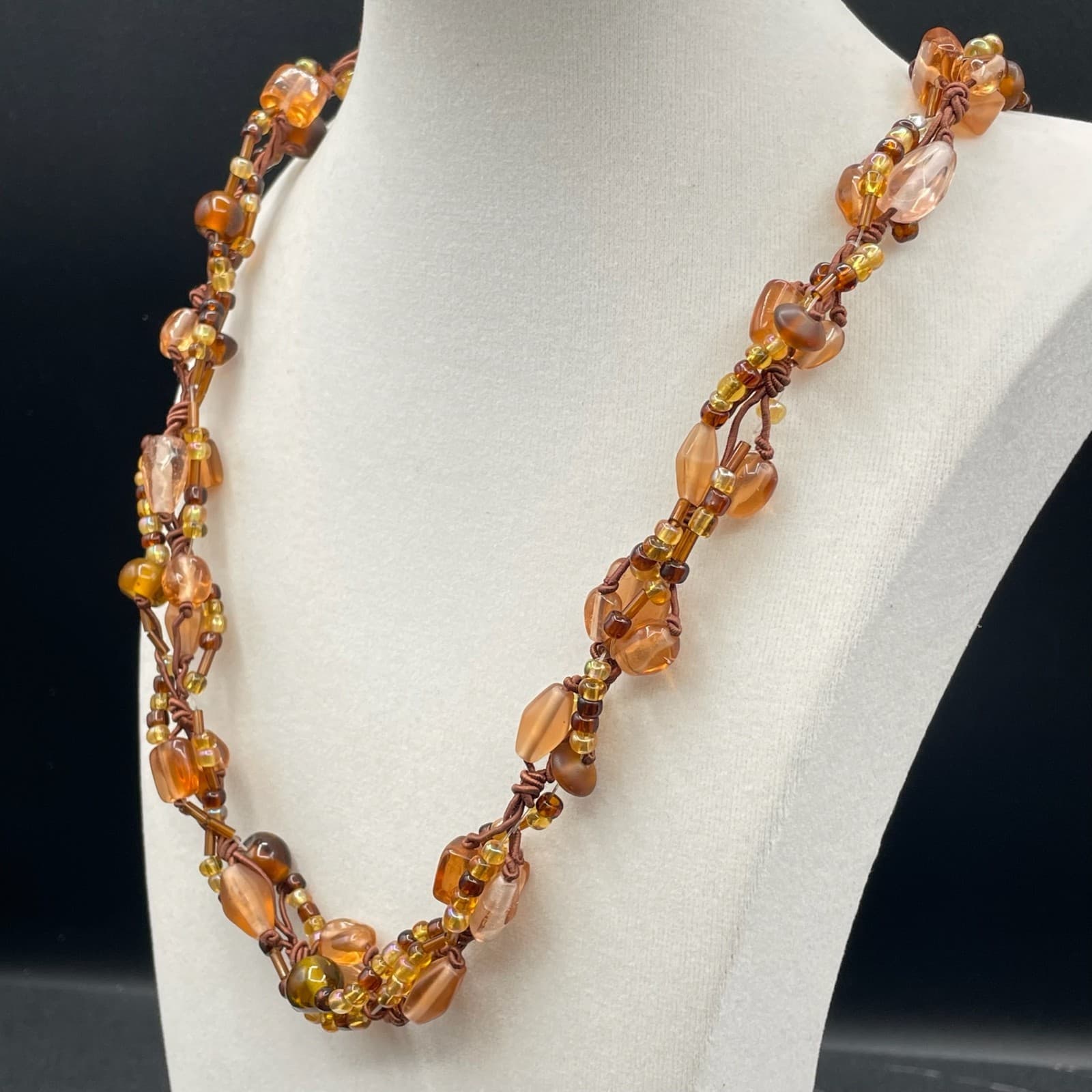 Vintage Multi-Stranded Amber Glass Handcrafted Beaded Cord Lobster Necklace - Thumbnail 5