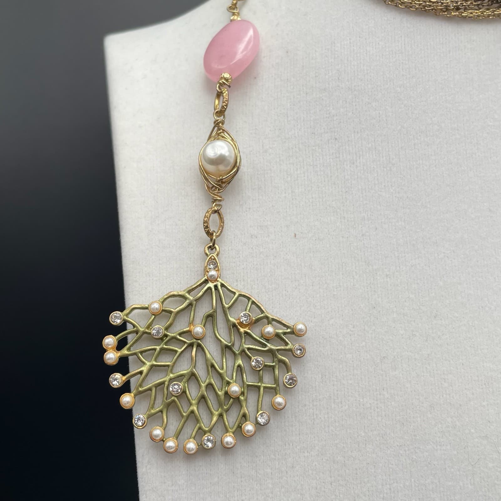 Vintage Long Multi-Strand Gold Tone Necklace Pink Stone Faux Pearl Coral Branch - Thumbnail 4