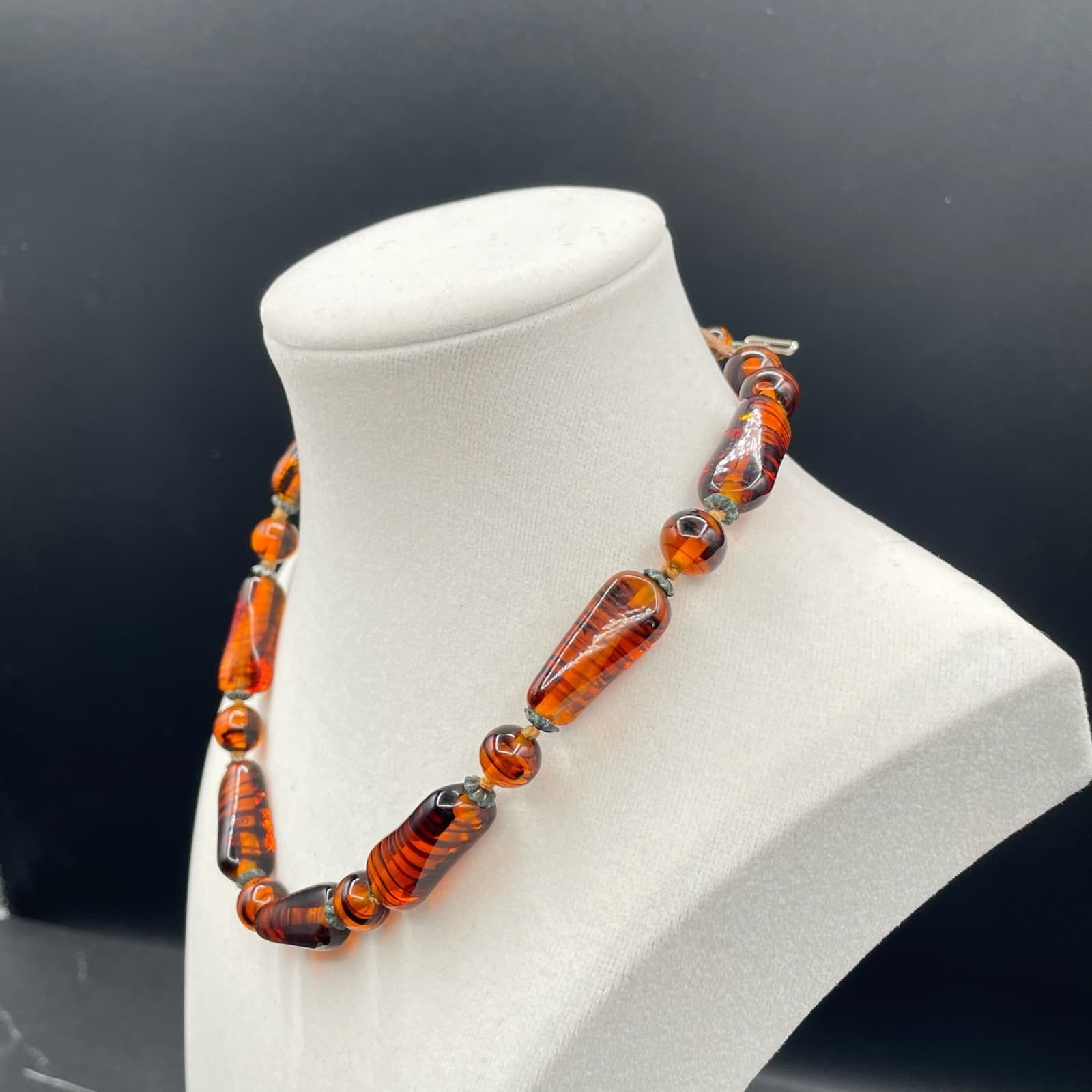 Vintage Carnelian Classic Fashion Tiger Striped Glass Beaded Celluloid Necklace - Thumbnail 7