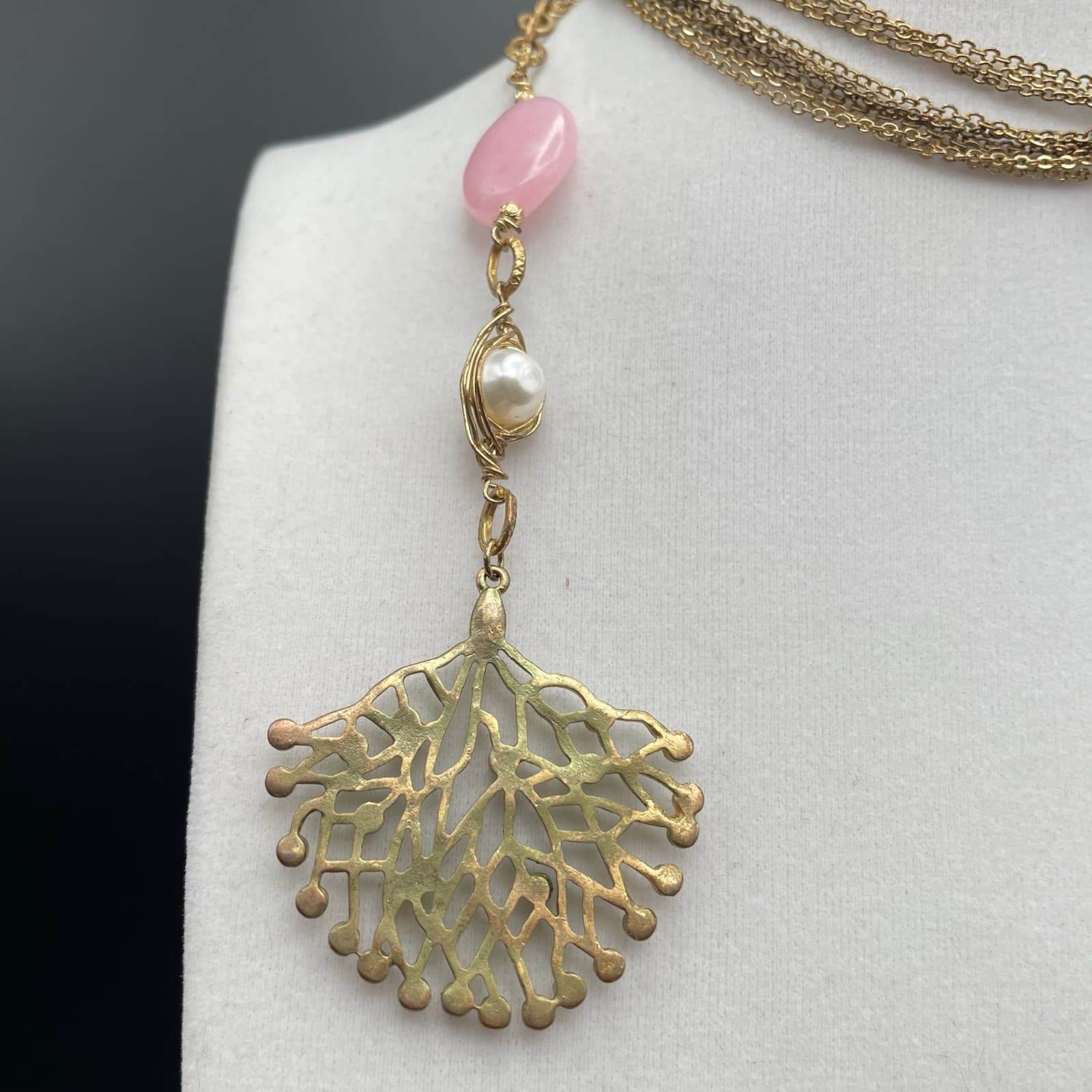 Vintage Long Multi-Strand Gold Tone Necklace Pink Stone Faux Pearl Coral Branch - Thumbnail 3