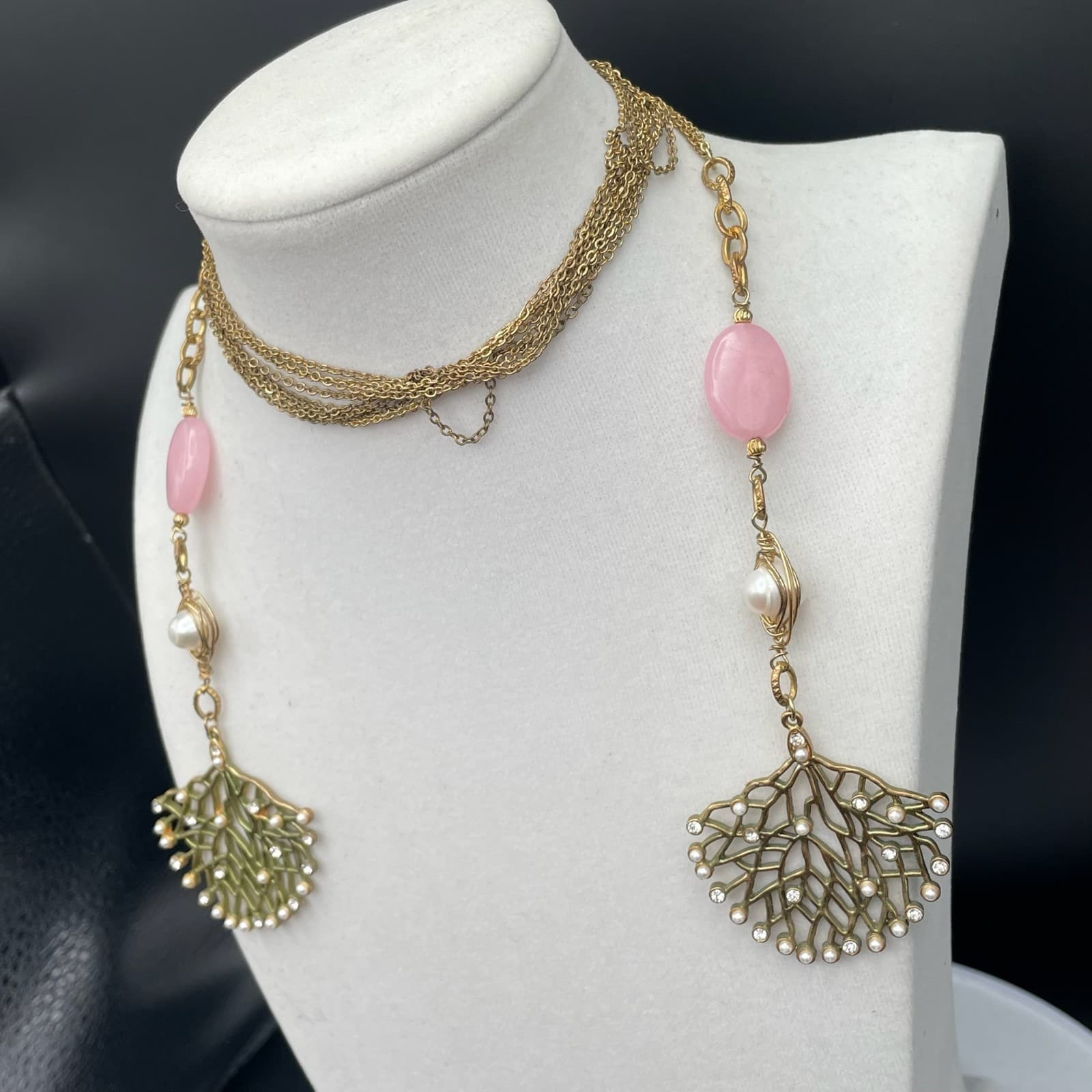 Vintage Long Multi-Strand Gold Tone Necklace Pink Stone Faux Pearl Coral Branch - Thumbnail 7