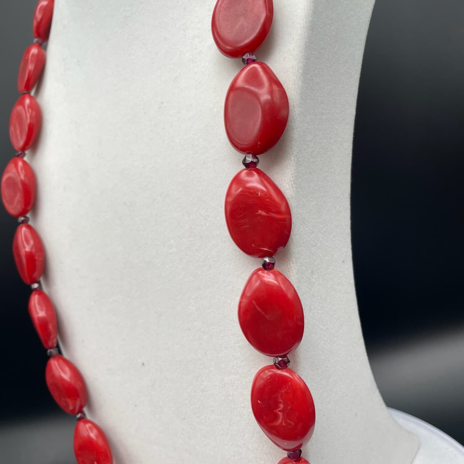 Vintage Red Resin Pebble Bead Necklace Statement Garnet Spacer 14 in Choker - Thumbnail 6