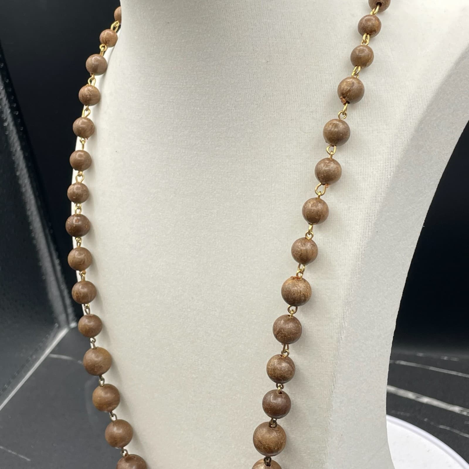 Vintage Womens Brown Wooden Beaded Metal Links 14.5" Long Fashion Necklace - Thumbnail 6