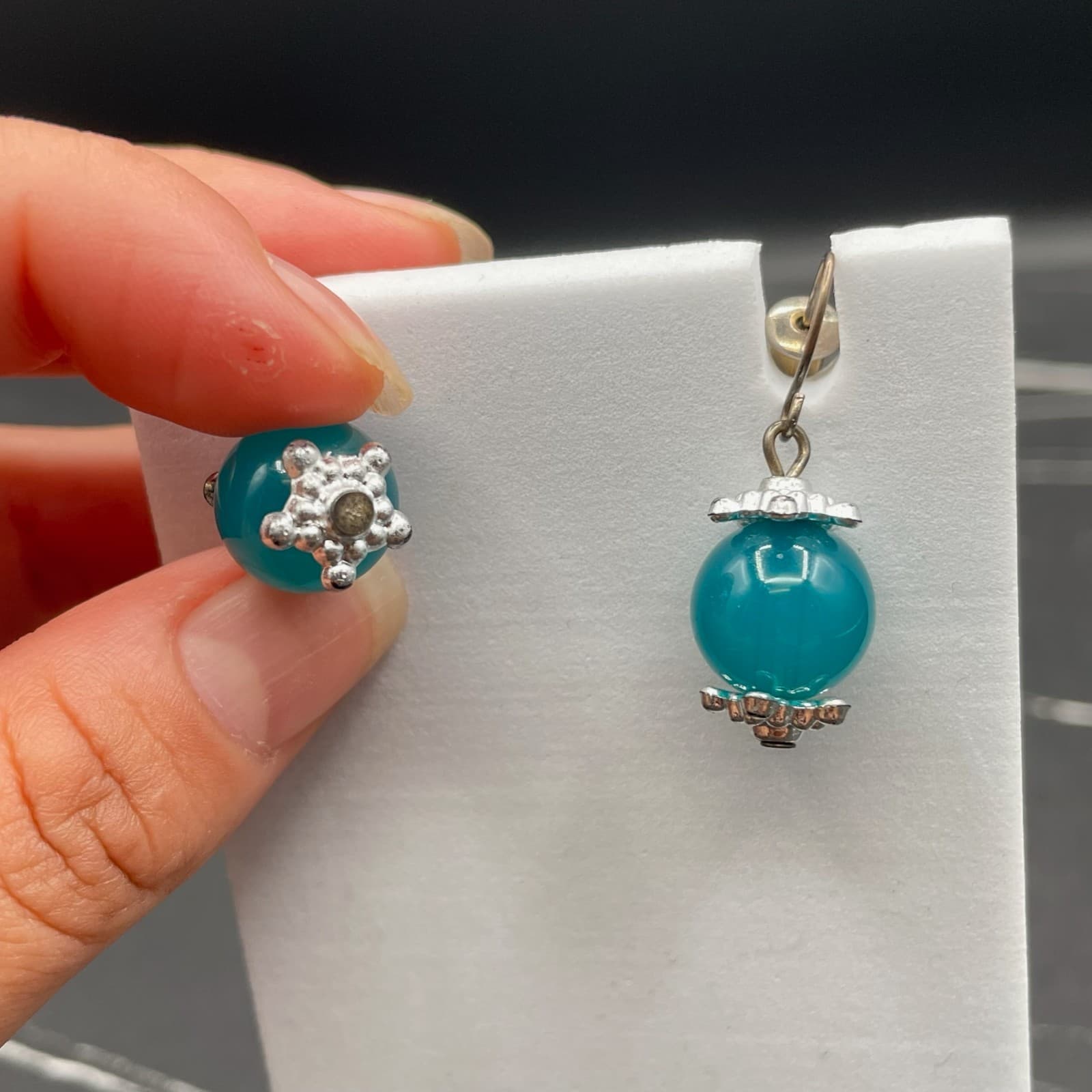 Vintage Blue Spherical Bead Silver-Tone Fashion Retro Hook Dangle Drop Earrings - Thumbnail 2