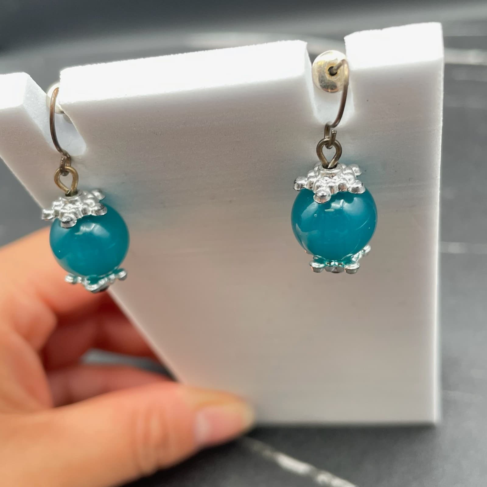 Vintage Blue Spherical Bead Silver-Tone Fashion Retro Hook Dangle Drop Earrings - Thumbnail 4