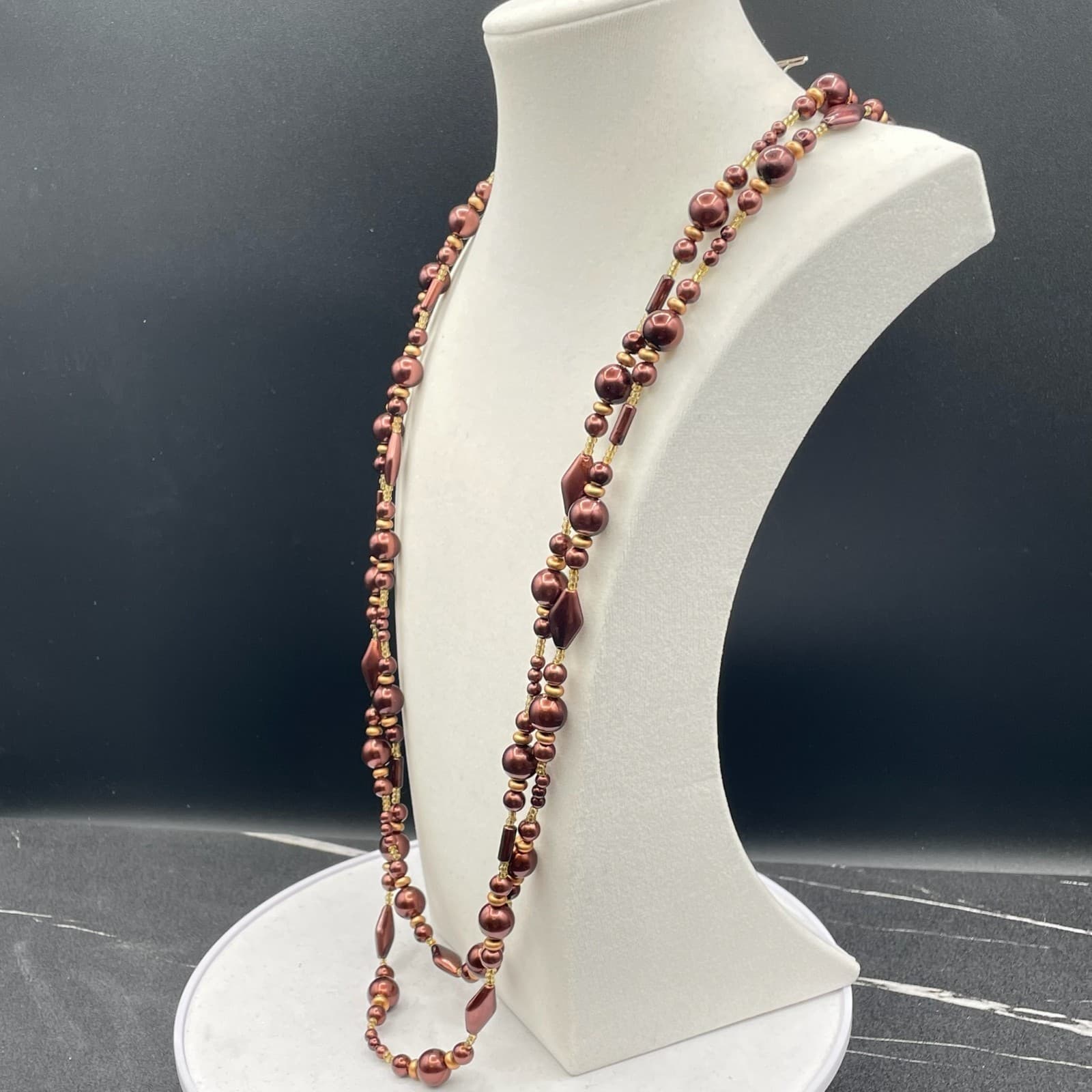 Vintage Burgundy Cord Classic Pearl Double Strand Beaded Lobster Long Necklace - Thumbnail 7