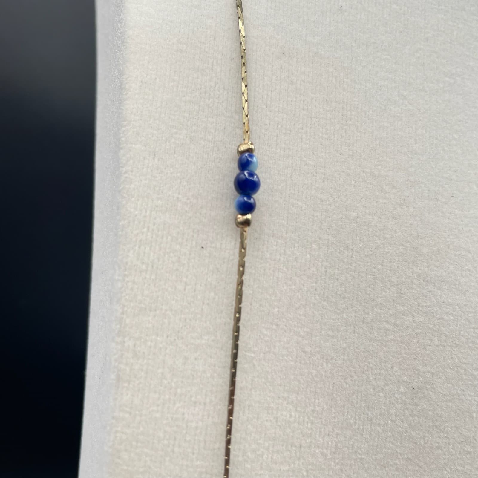 Vintage VTG Gold Tone Snake Chain Necklace Blue Swirl Glass Bead Stations 15 in - Thumbnail 3