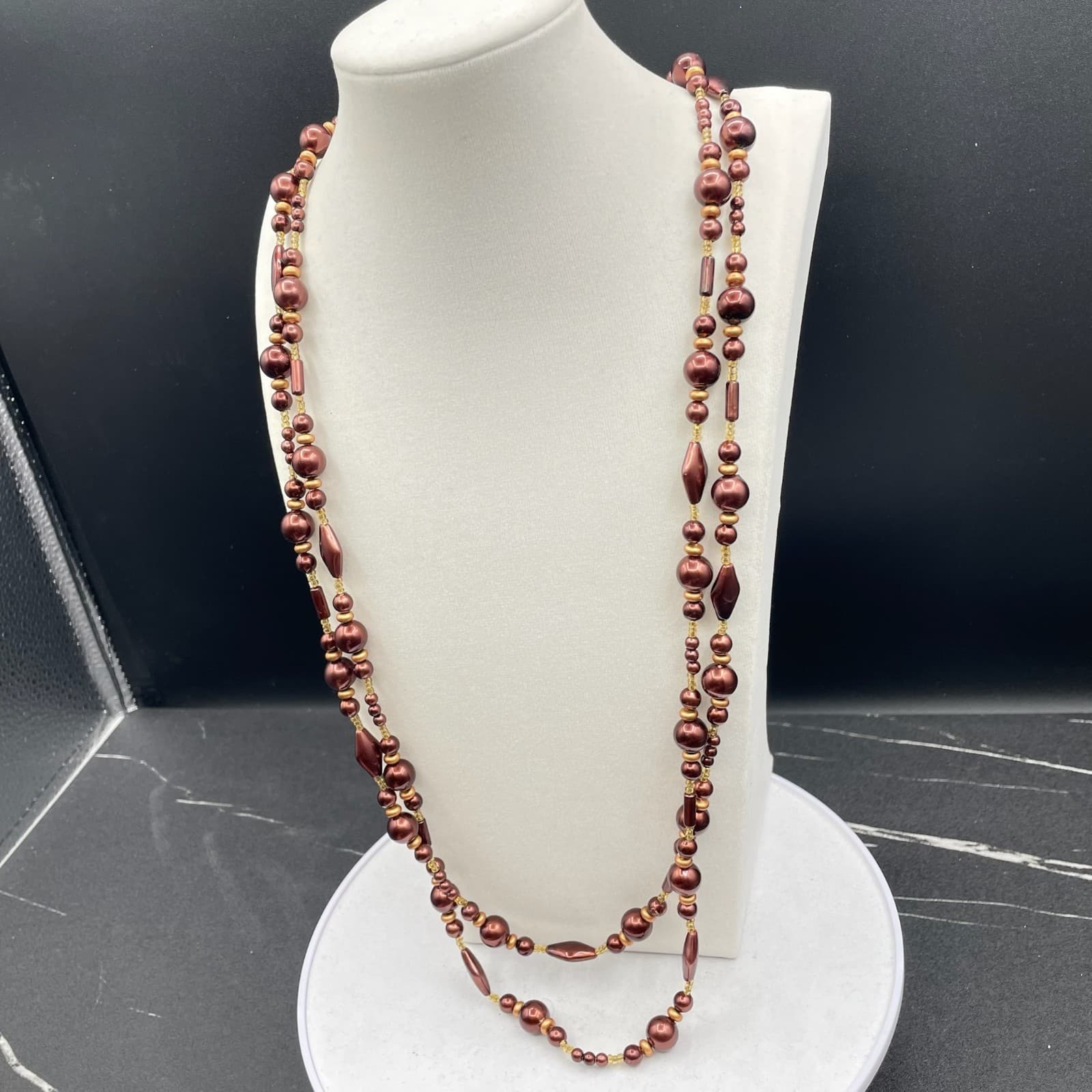 Vintage Burgundy Cord Classic Pearl Double Strand Beaded Lobster Long Necklace - Thumbnail 6