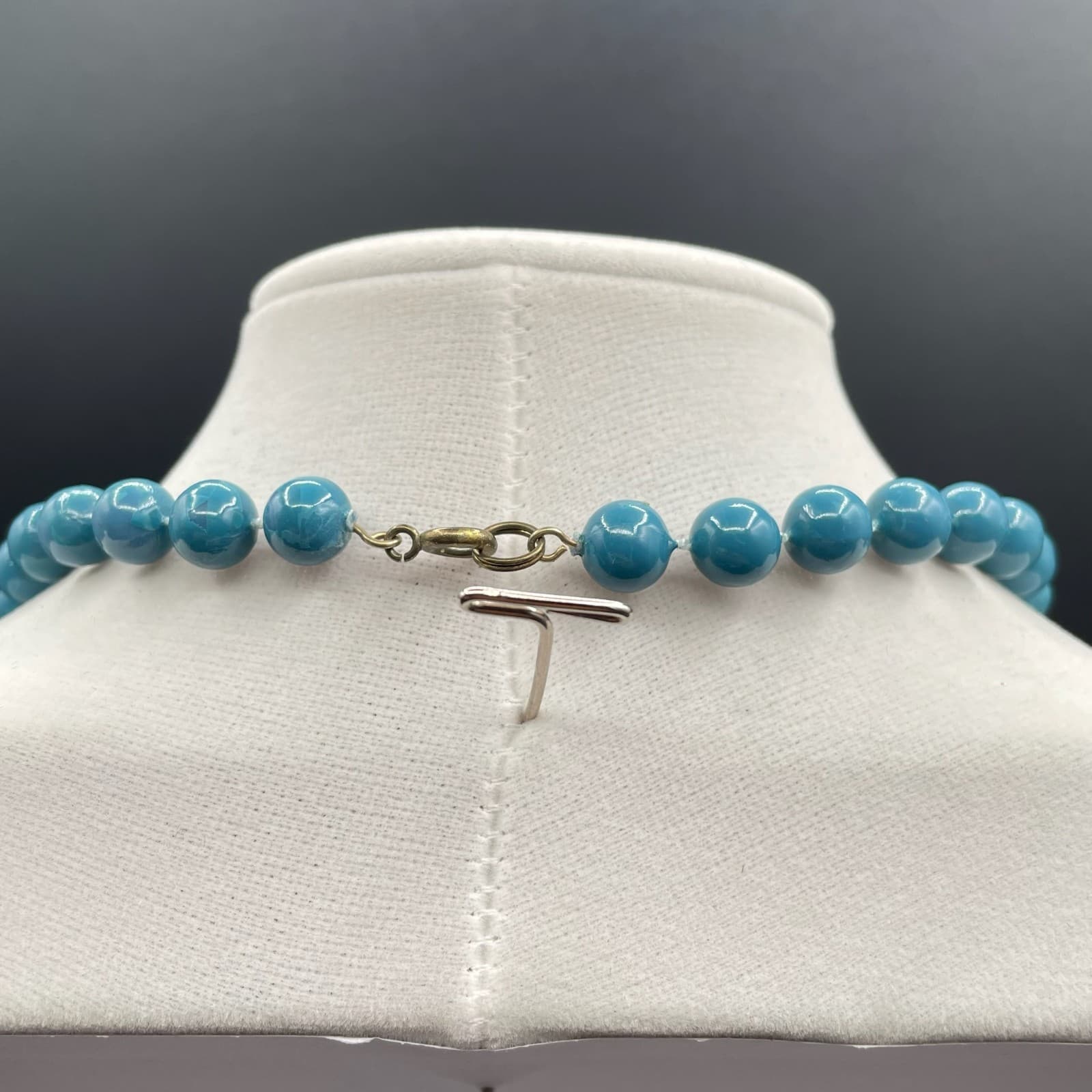 Vintage Teal Blue Glass Beaded Necklace 18" Single Strand Round Beads Minimalist - Thumbnail 6