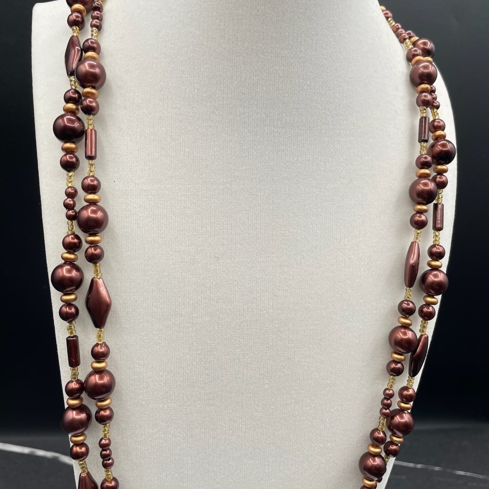 Vintage Burgundy Cord Classic Pearl Double Strand Beaded Lobster Long Necklace - Thumbnail 3