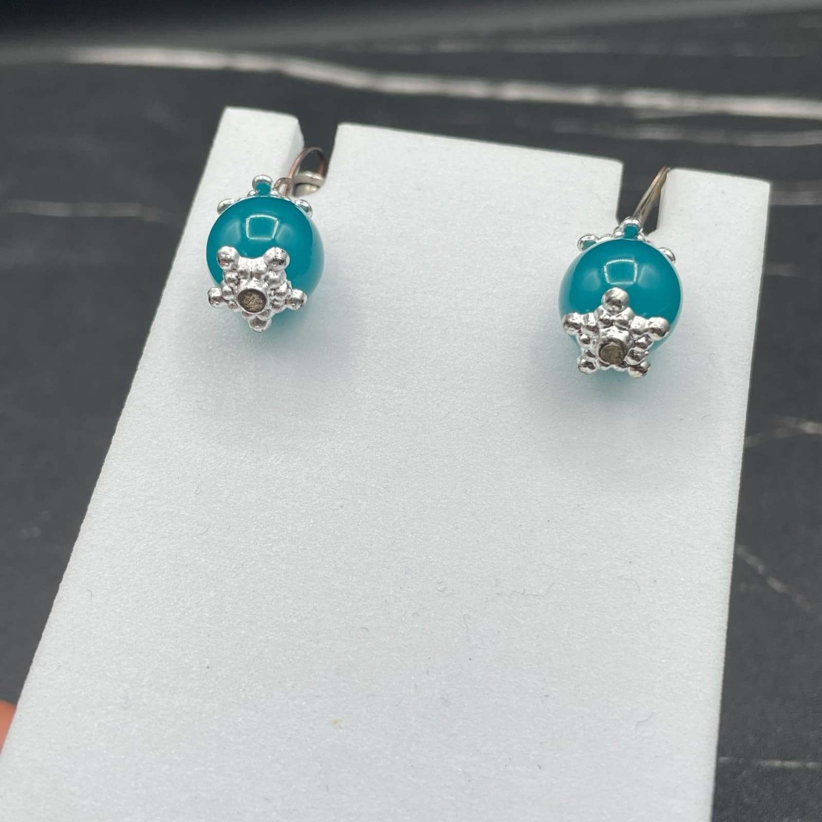 Vintage Blue Spherical Bead Silver-Tone Fashion Retro Hook Dangle Drop Earrings - Thumbnail 5