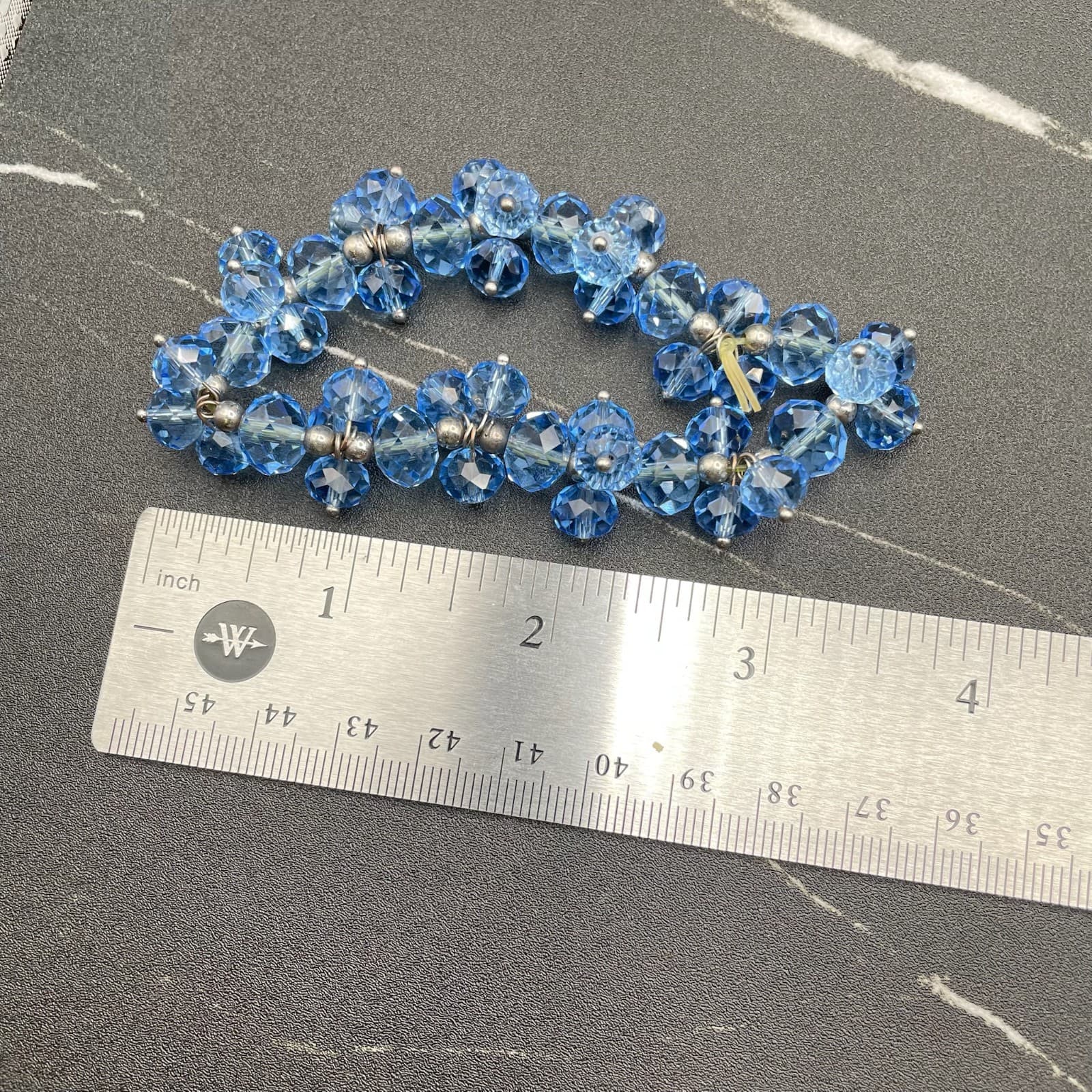 Vintage Blue Glass Gemstones Faceted Silver-Tone Floral Pattern Beaded Bracelet - Thumbnail 6
