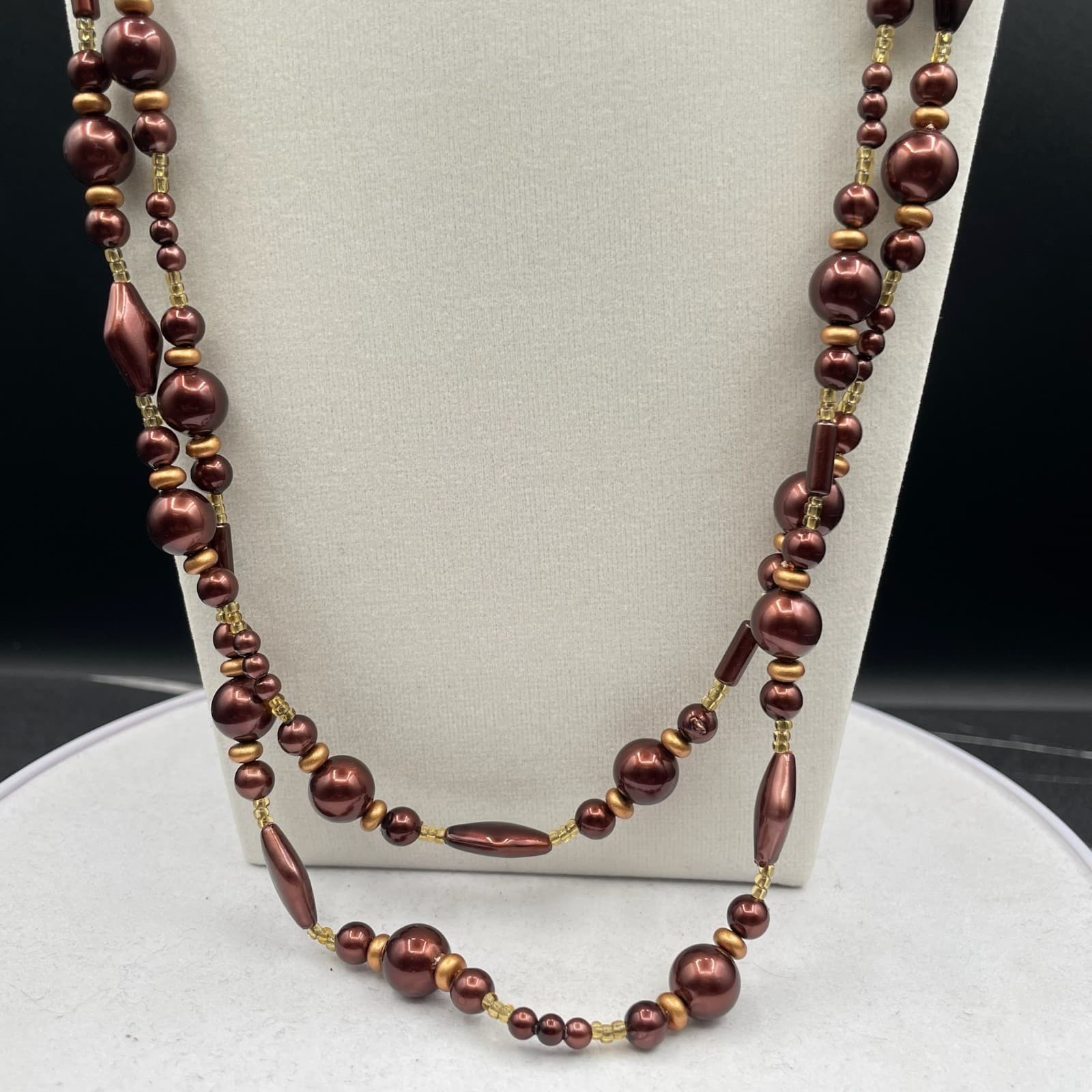 Vintage Burgundy Cord Classic Pearl Double Strand Beaded Lobster Long Necklace - Thumbnail 4