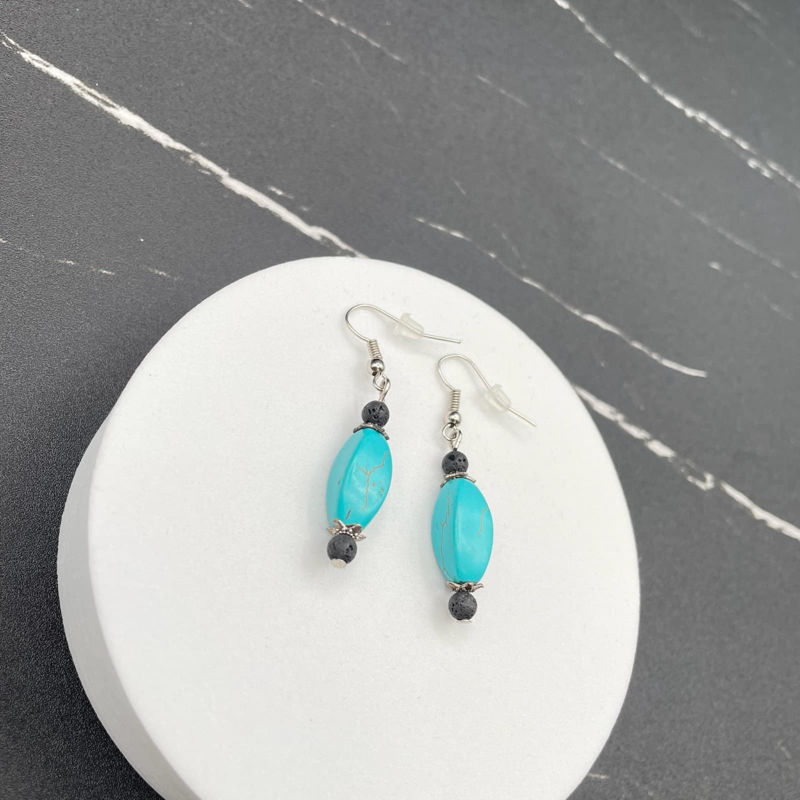 Vintage Turquoise Stone Black Lava Beads Silver-Tone Hook Dangle Earrings - Thumbnail 4