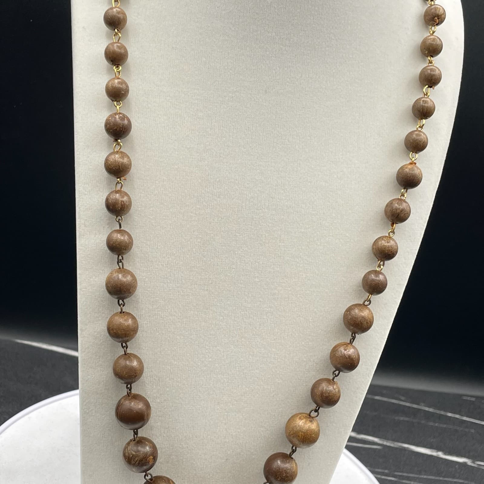 Vintage Womens Brown Wooden Beaded Metal Links 14.5" Long Fashion Necklace - Thumbnail 3