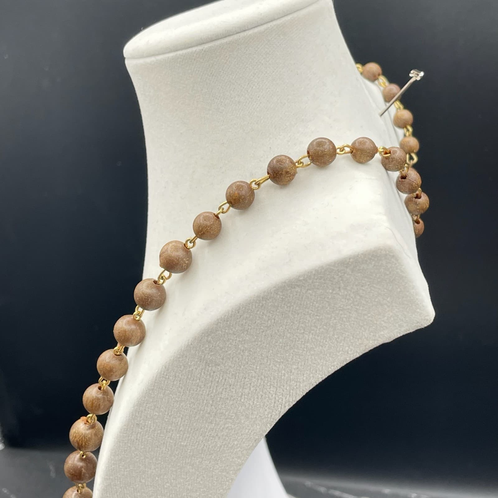 Vintage Womens Brown Wooden Beaded Metal Links 14.5" Long Fashion Necklace - Thumbnail 8