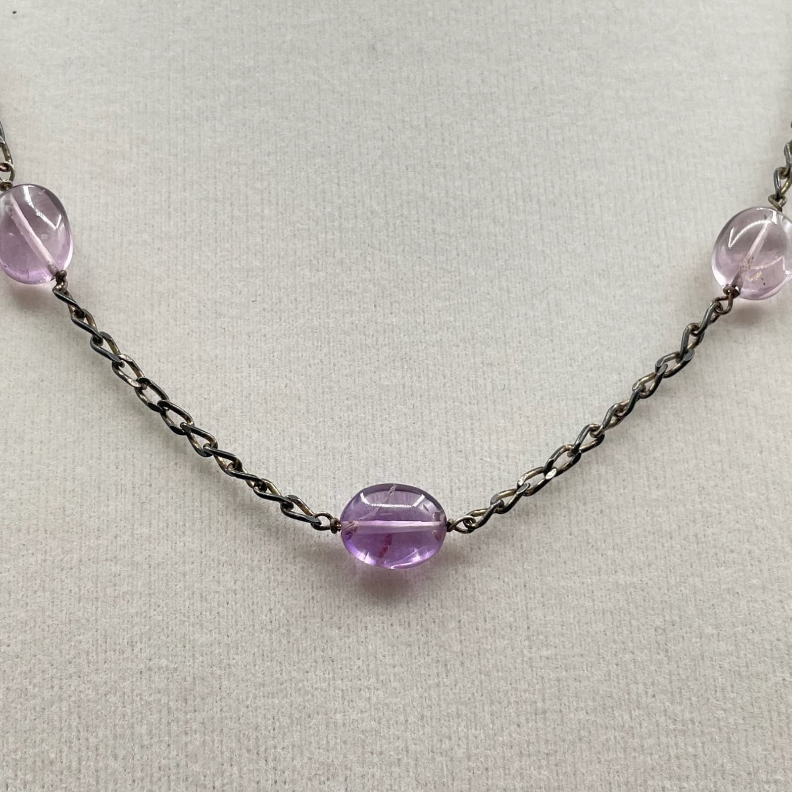 Vintage Long Chain Necklace Amethyst Purple Glass Beads Gunmetal Tone 16" Choker - Thumbnail 5