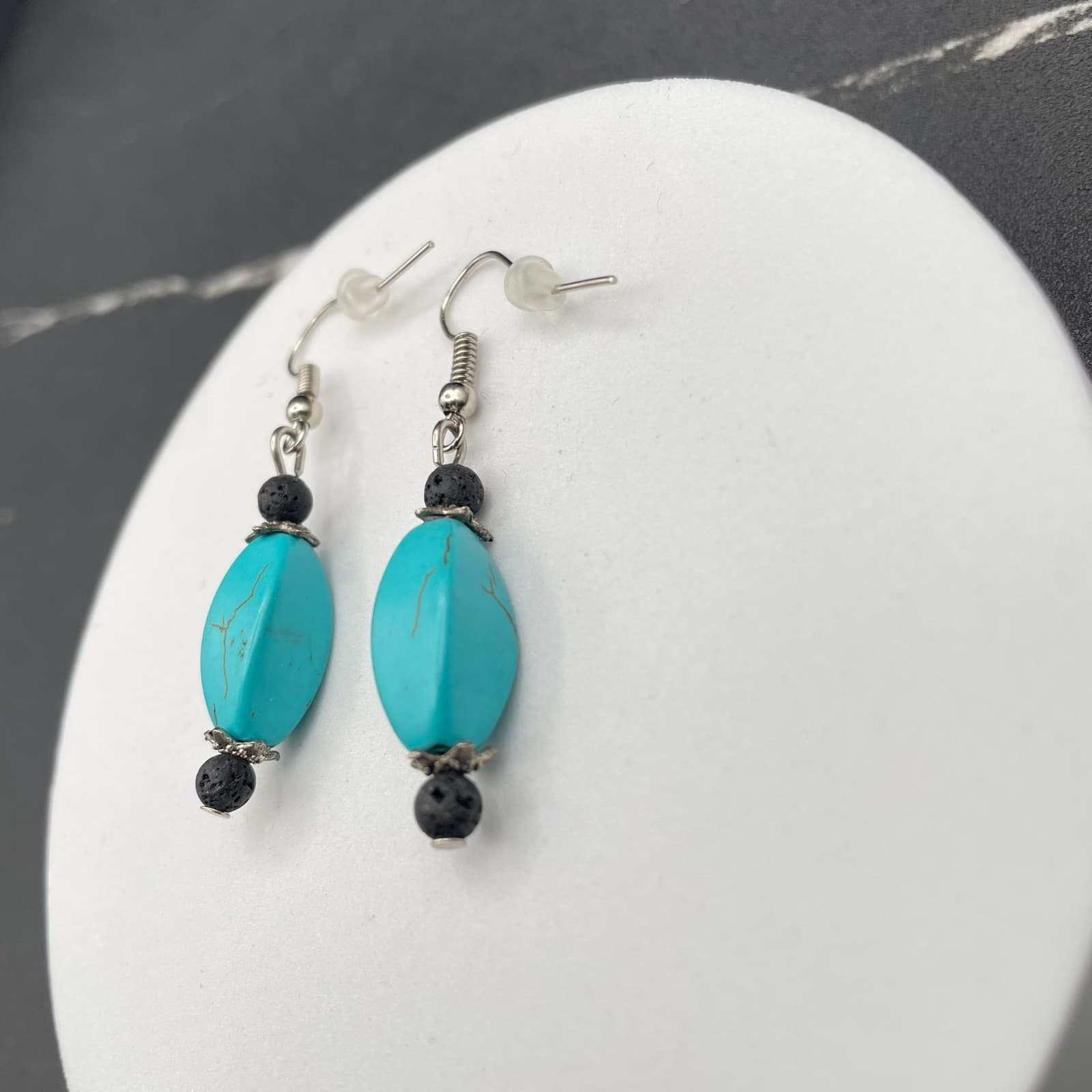 Vintage Turquoise Stone Black Lava Beads Silver-Tone Hook Dangle Earrings - Thumbnail 2