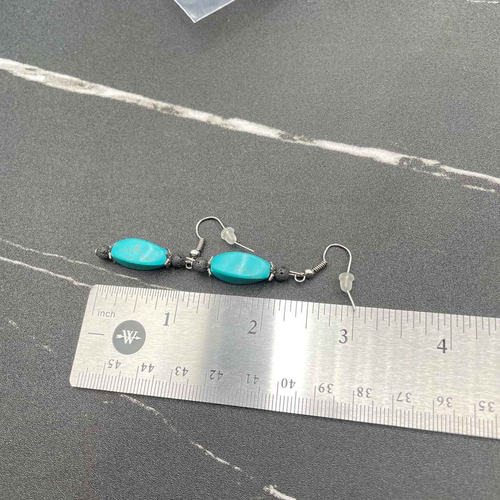 Vintage Turquoise Stone Black Lava Beads Silver-Tone Hook Dangle Earrings - Thumbnail 5