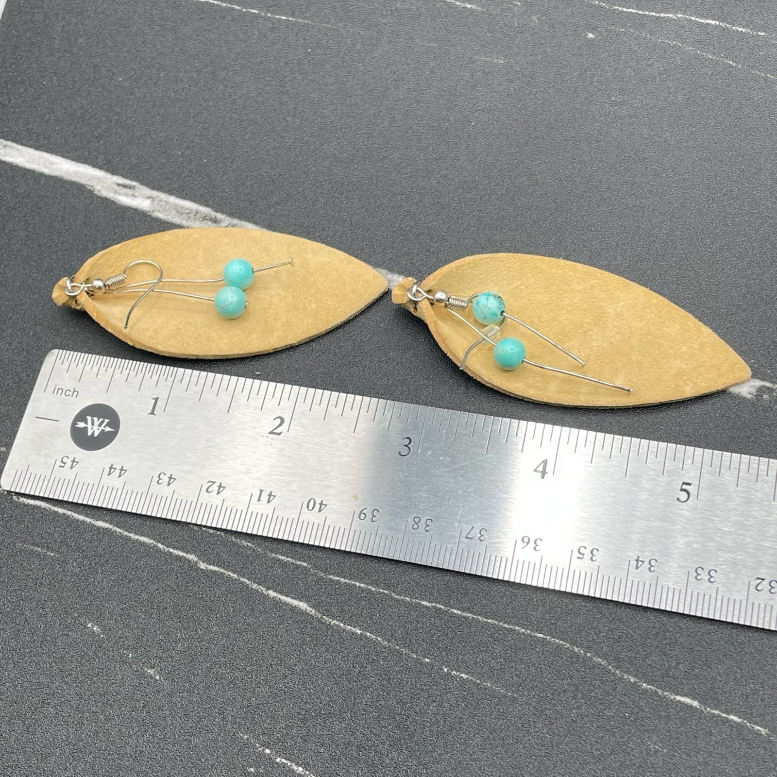 Vintage Imitation Turquoise Beads Tan Leather Leaf Bohemian Hook Earrings - Thumbnail 8