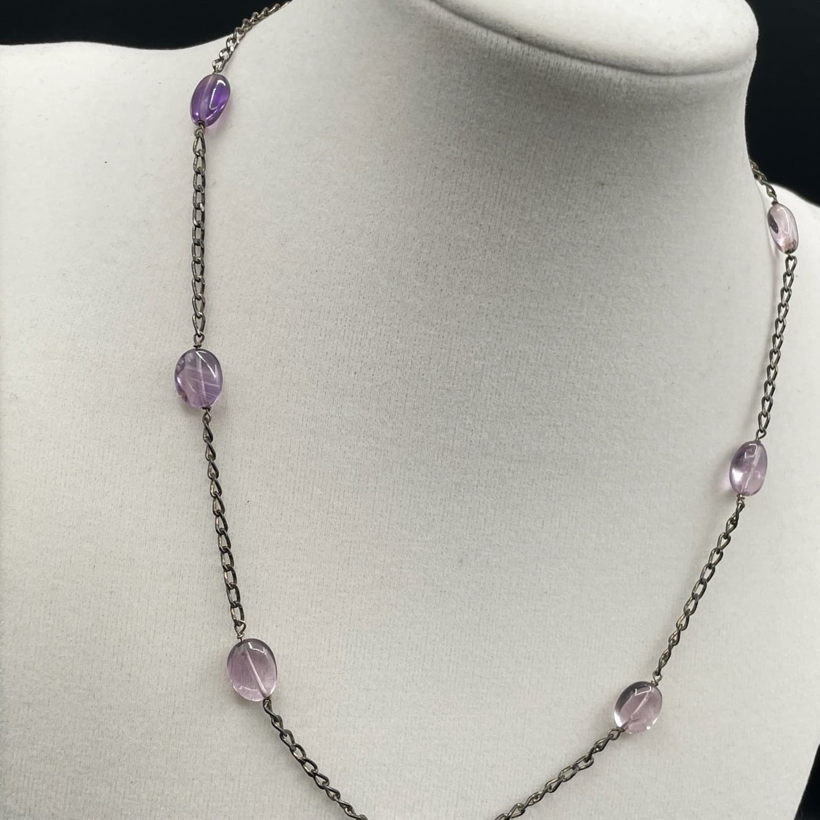 Vintage Long Chain Necklace Amethyst Purple Glass Beads Gunmetal Tone 16" Choker - Thumbnail 4