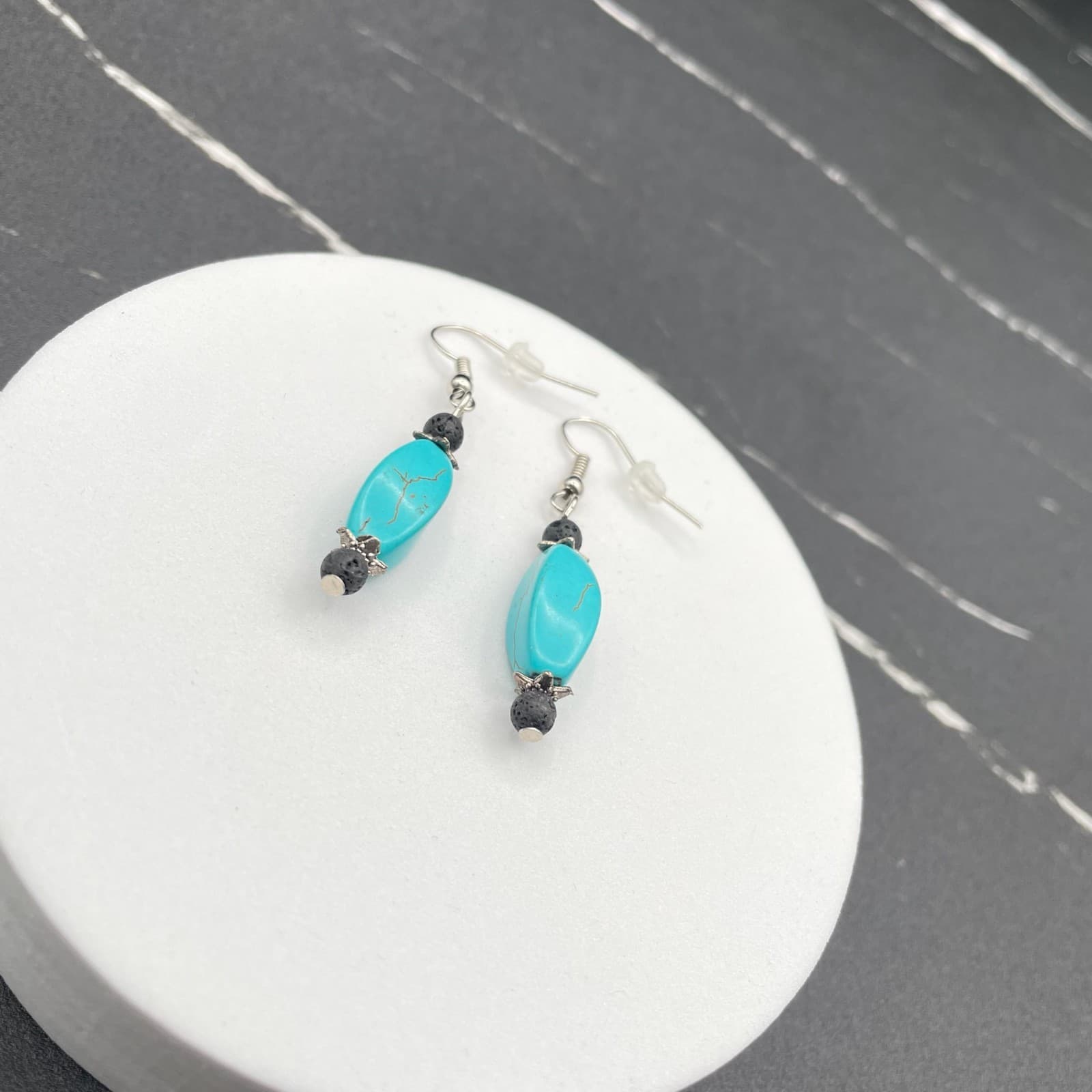 Vintage Turquoise Stone Black Lava Beads Silver-Tone Hook Dangle Earrings - Thumbnail 3