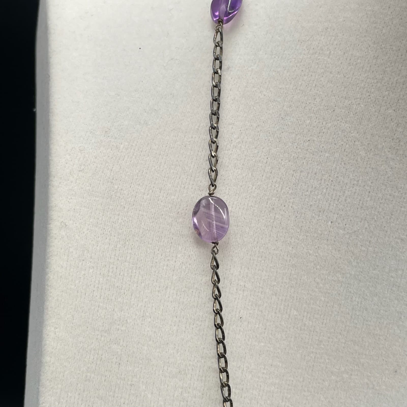 Vintage Long Chain Necklace Amethyst Purple Glass Beads Gunmetal Tone 16" Choker - Thumbnail 3