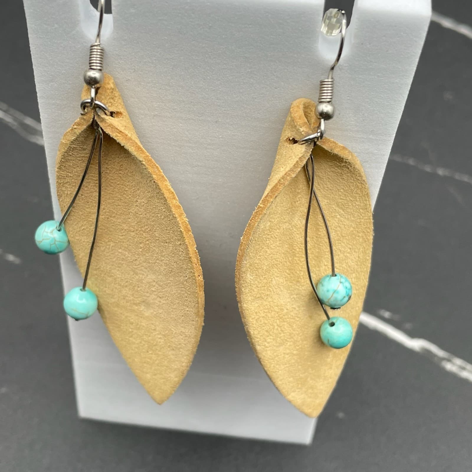 Vintage Imitation Turquoise Beads Tan Leather Leaf Bohemian Hook Earrings - Thumbnail 4