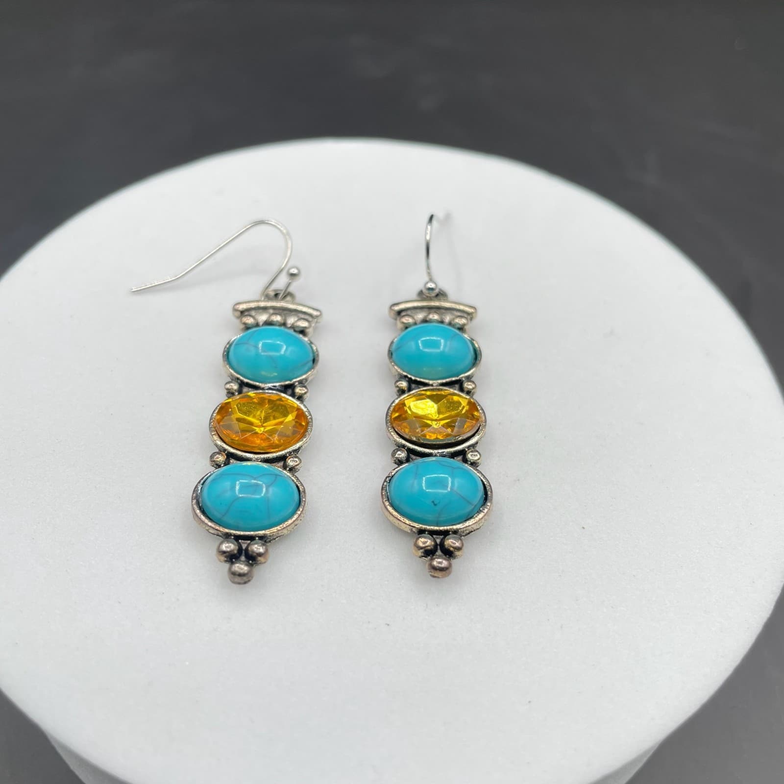 Vintage Turquoise & Amber Plastic Silver-Tone Tear-Drop Fashion Dangle Earrings - Thumbnail 2